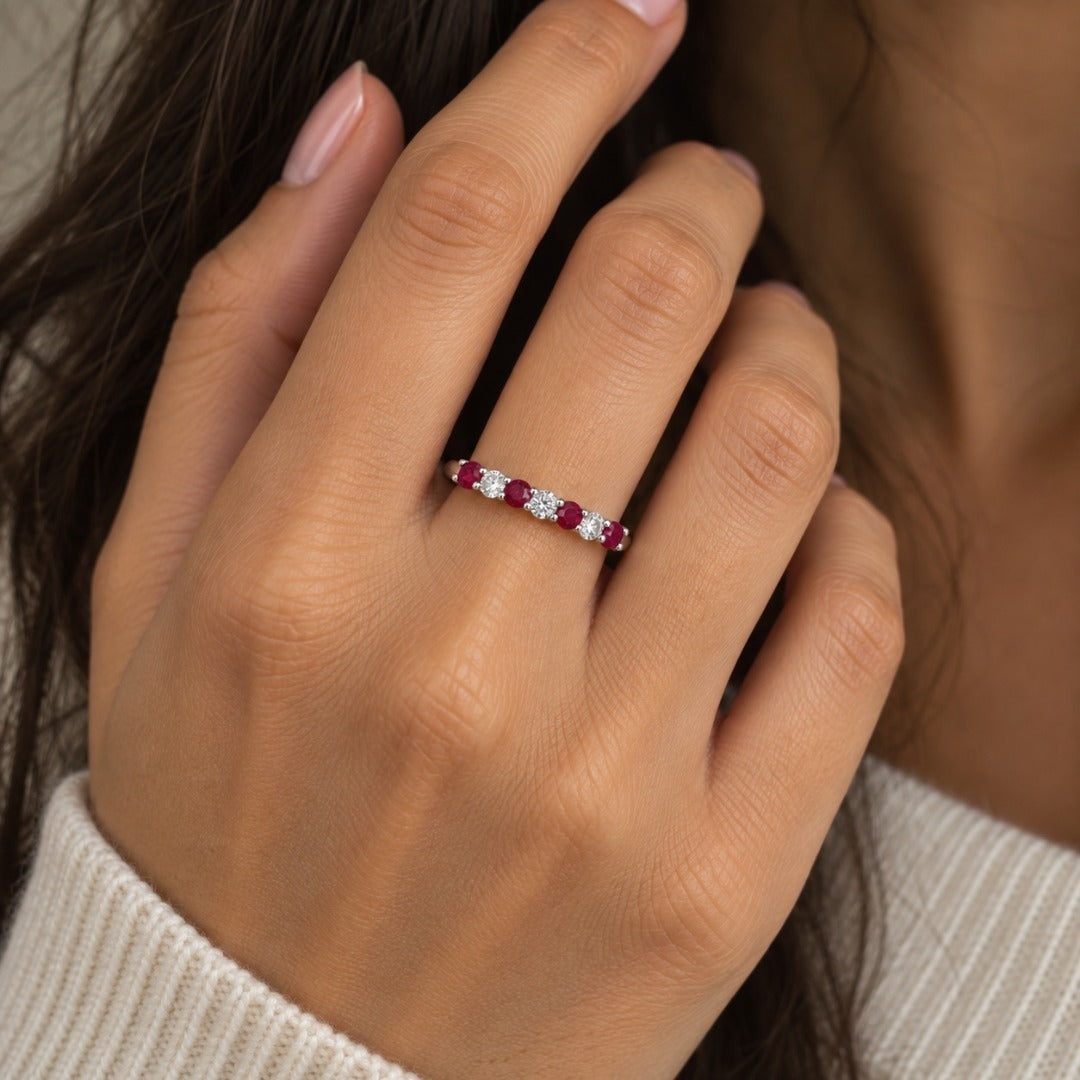 18ct White Gold Natural Ruby & Diamond 7 Stone Half Eternity Ring Band 0.50ct
