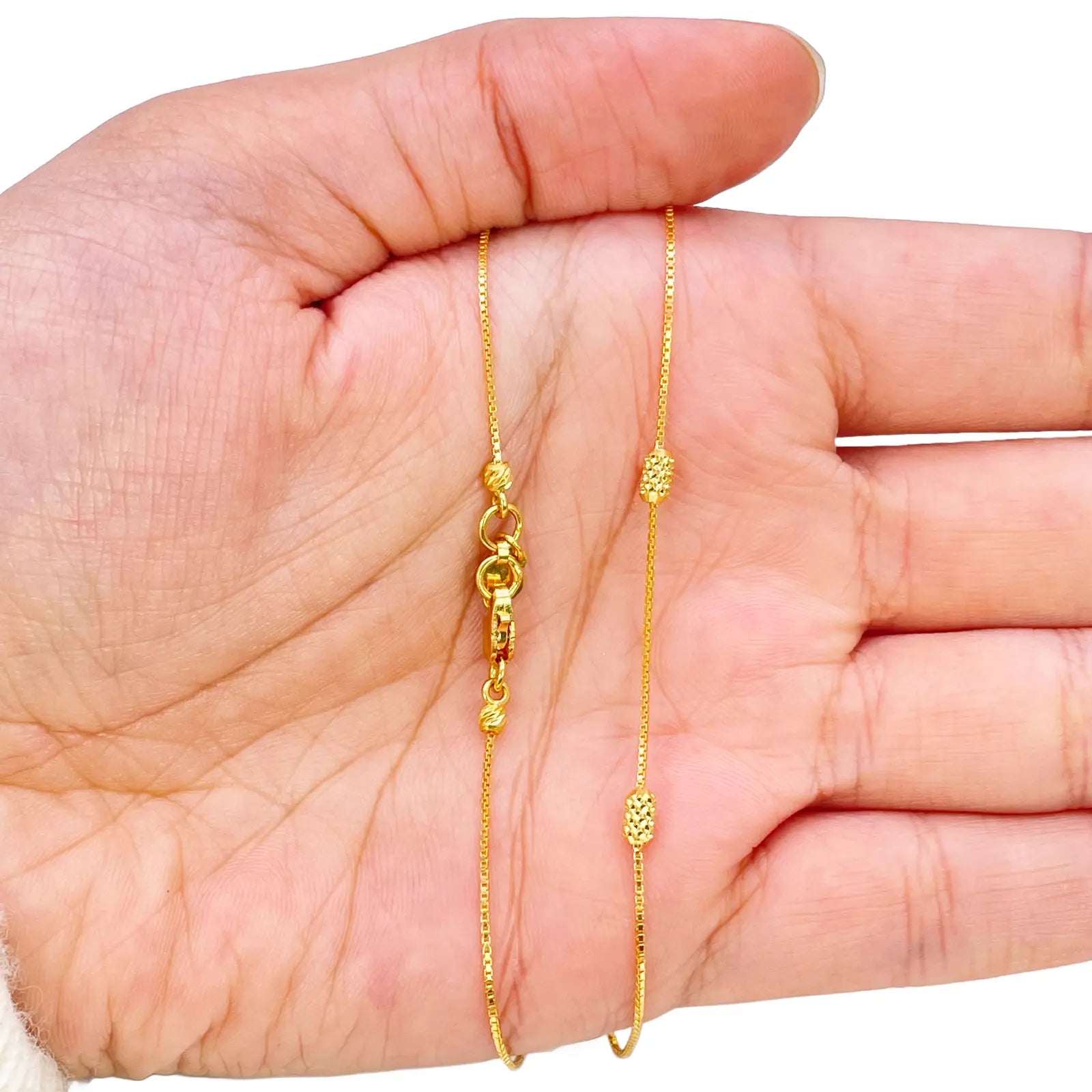 22ct Gold Beaded Necklace Diamond Cut Cube & Rounded Beads Box Chain 16 Inches 