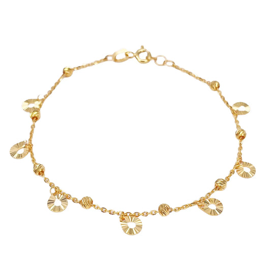 22ct Gold Circle Charm Drop & Diamond Cut Bead Cable Chain Bracelet 7 Inches  Gold Bracelets
