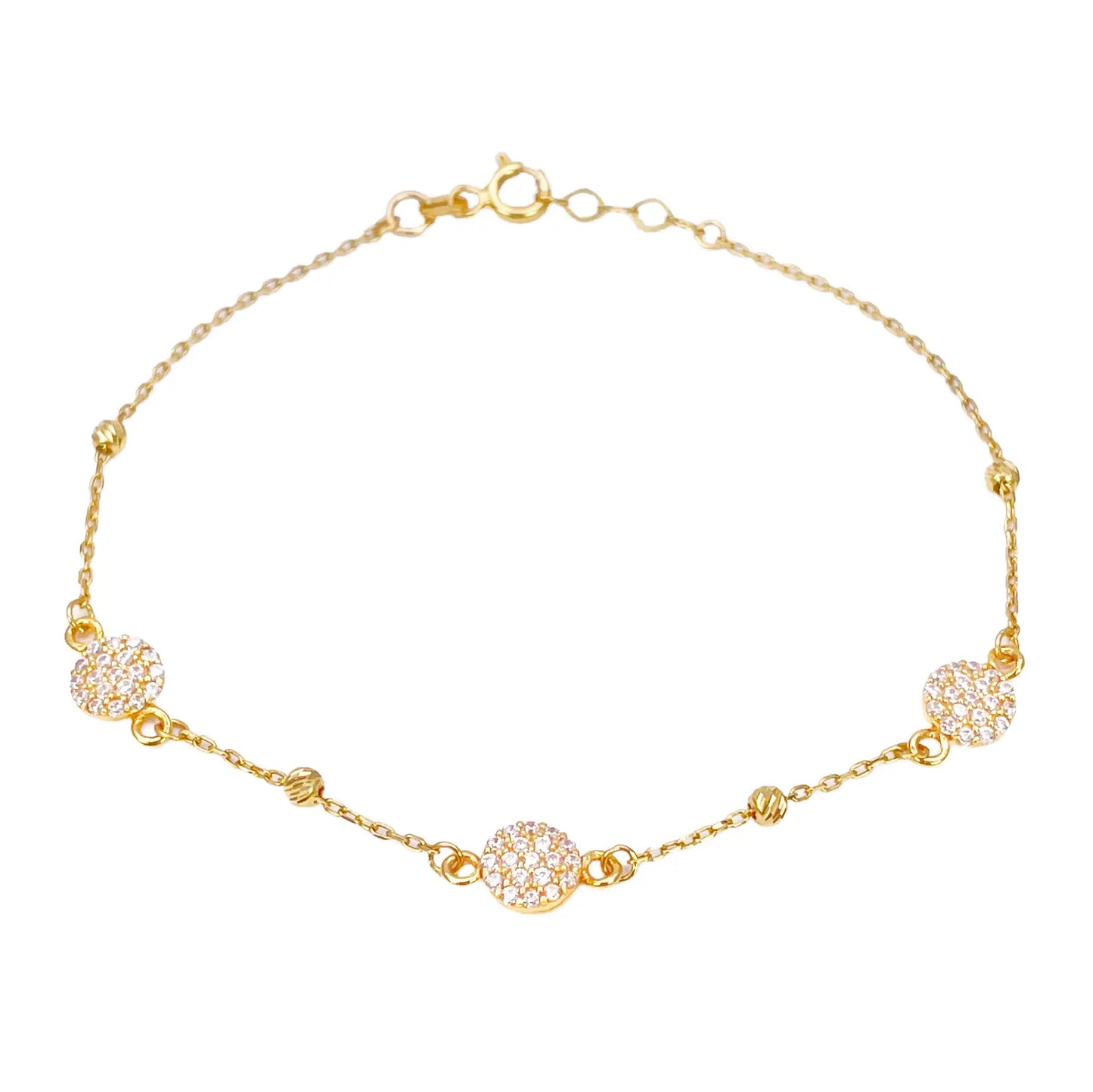 22ct Gold Dainty Beaded Cubic Zirconia Triple Disc Bracelet Diamond Cut Lightweight 7 Inches 