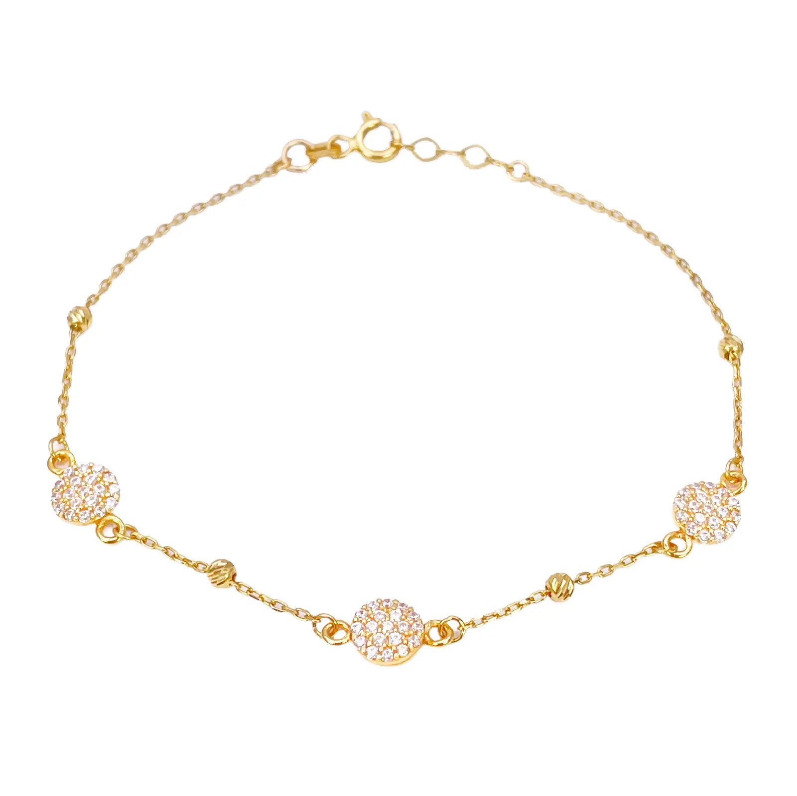 22ct Gold Dainty Beaded Cubic Zirconia Triple Disc Bracelet Diamond Cut Lightweight 7 Inches 