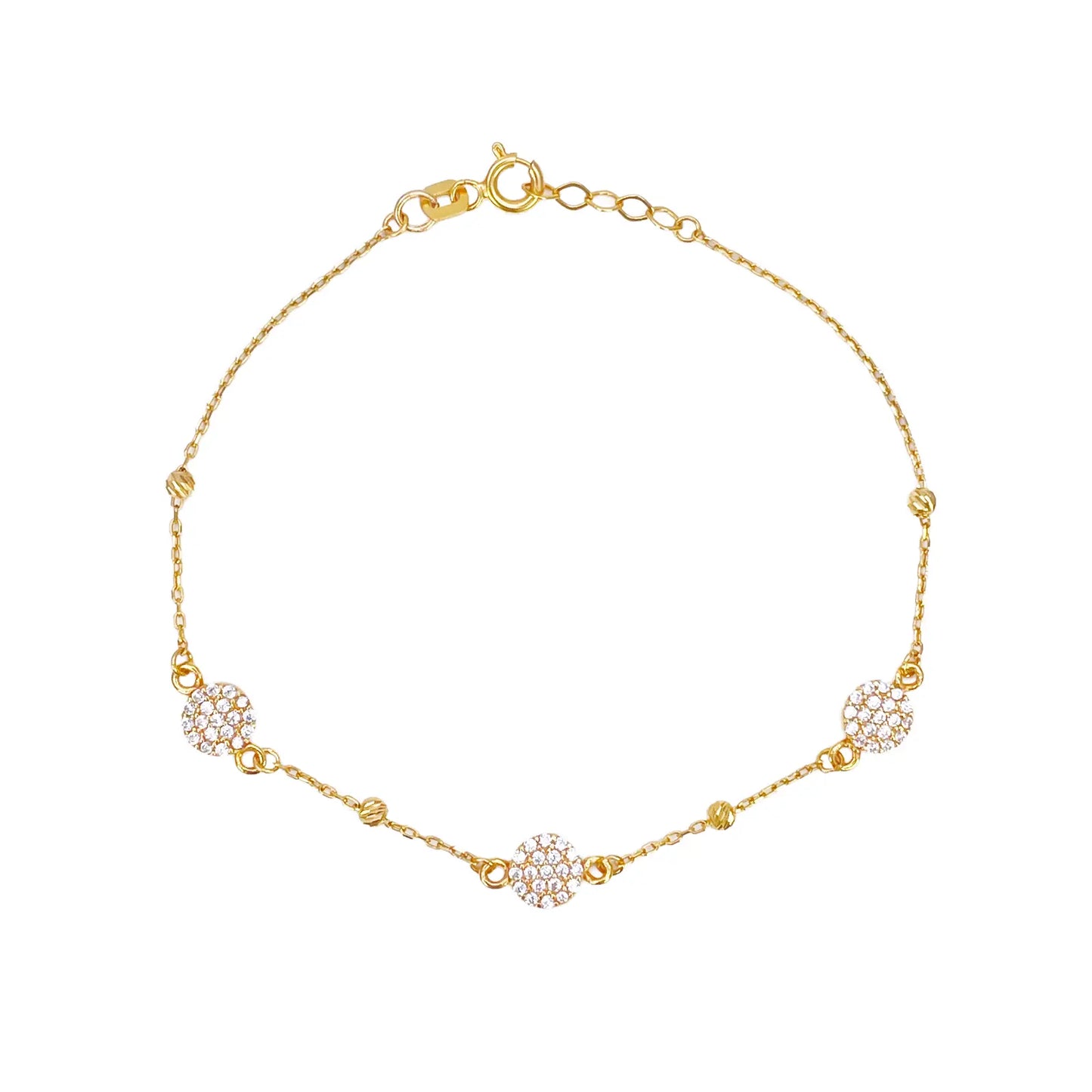 22ct Gold Dainty Beaded Cubic Zirconia Triple Disc Bracelet Diamond Cut Lightweight 7 Inches 