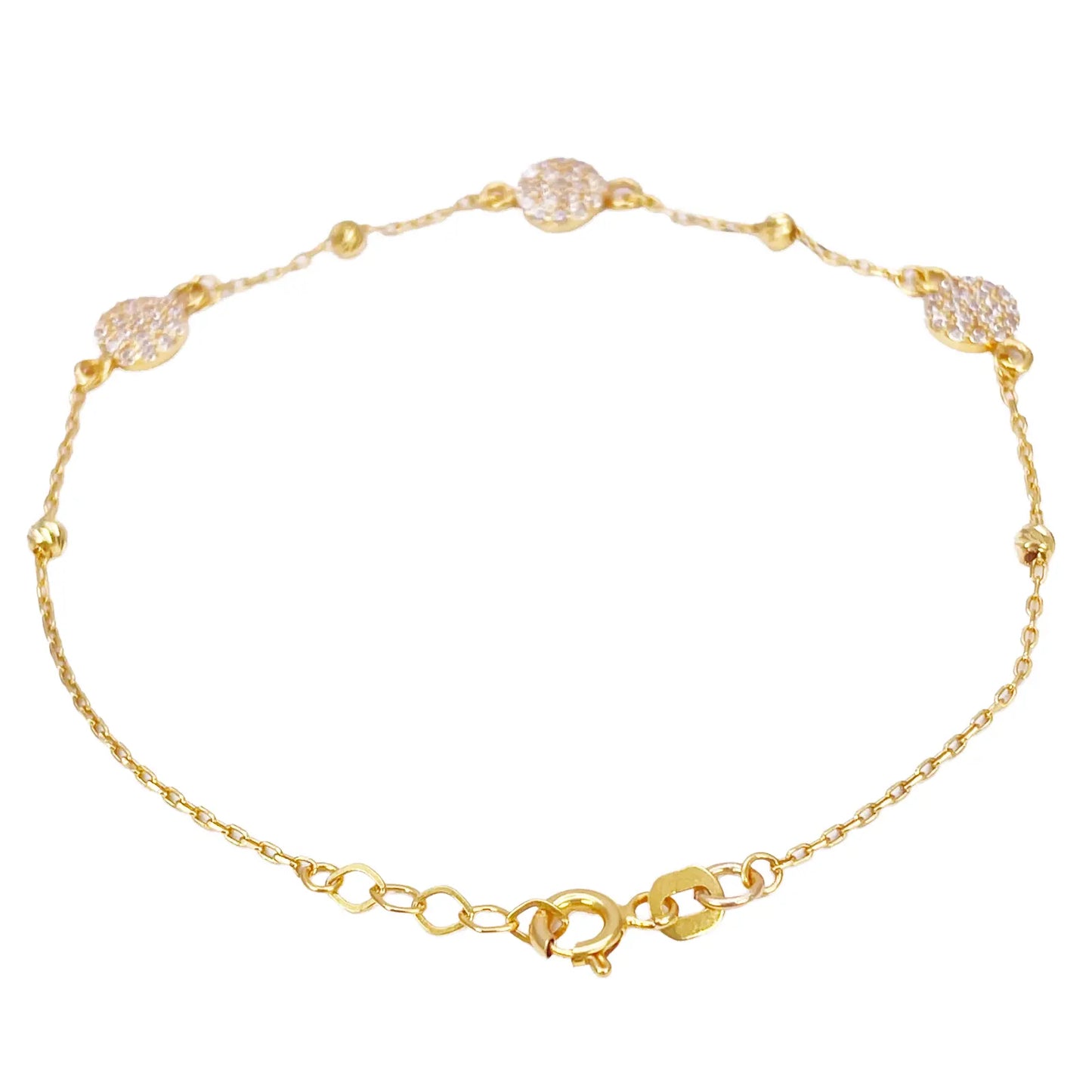 22ct Gold Dainty Beaded Cubic Zirconia Triple Disc Bracelet Diamond Cut Lightweight 7 Inches 