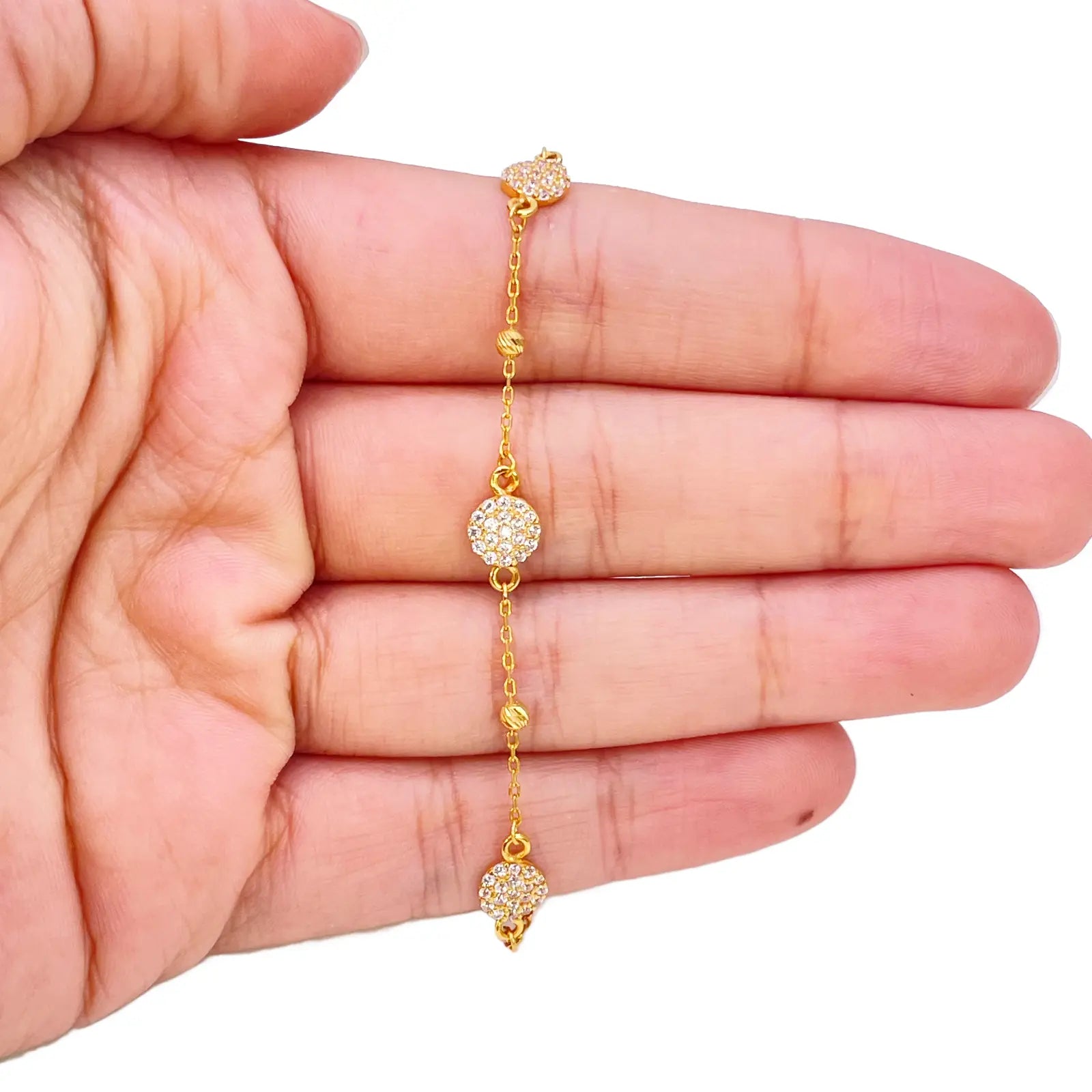 22ct Gold Dainty Beaded Cubic Zirconia Triple Disc Bracelet Diamond Cut Lightweight 7 Inches 