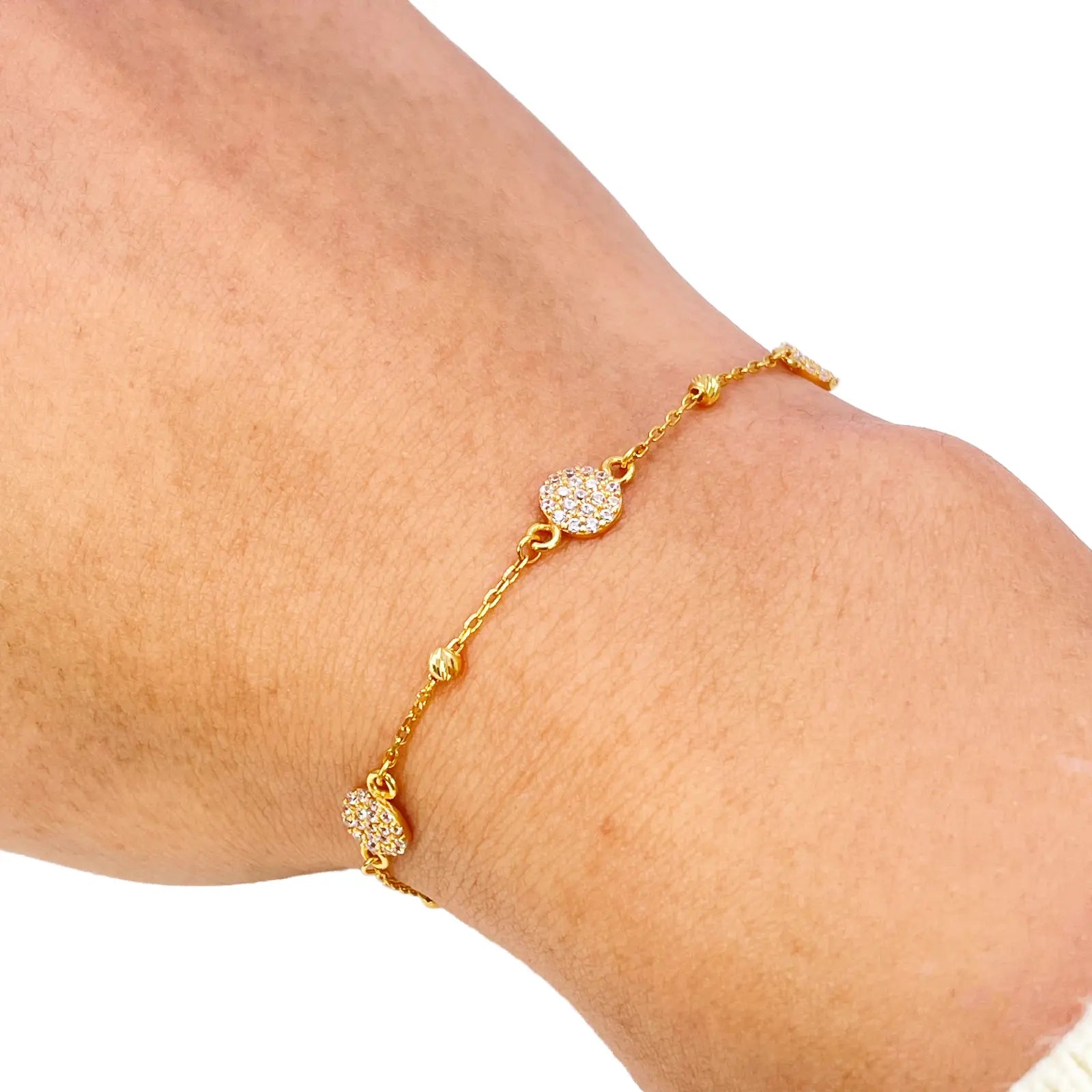 22ct Gold Dainty Beaded Cubic Zirconia Triple Disc Bracelet Diamond Cut Lightweight 7 Inches 