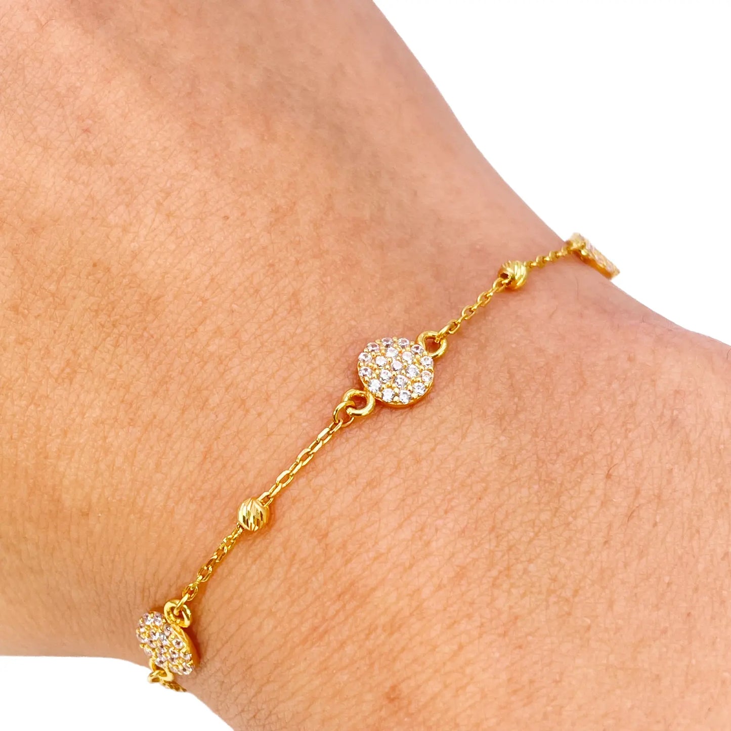 22ct Gold Dainty Beaded Cubic Zirconia Triple Disc Bracelet Diamond Cut Lightweight 7 Inches 