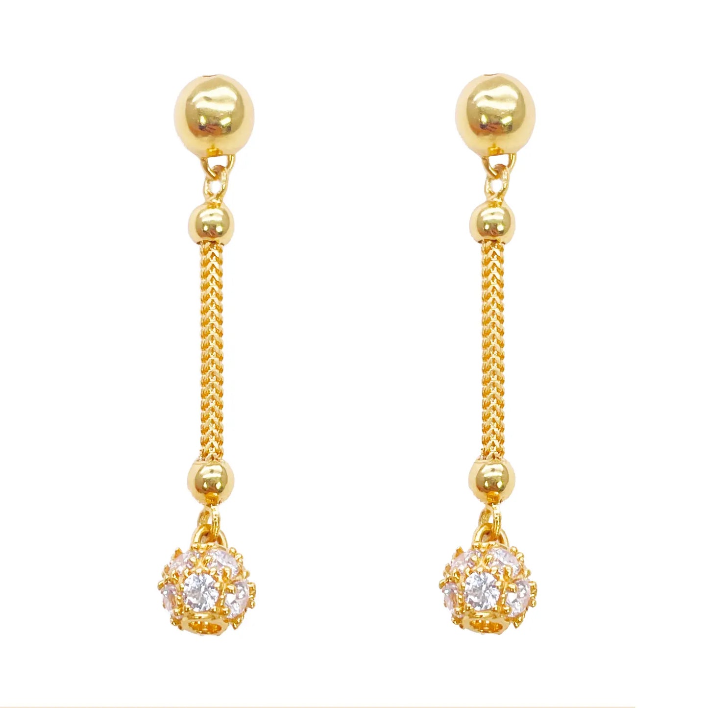 22ct Gold Drop Earrings Cubic Zirconia Glitter Ball Dragon Foxtail Chain Link 1.5 Inches 