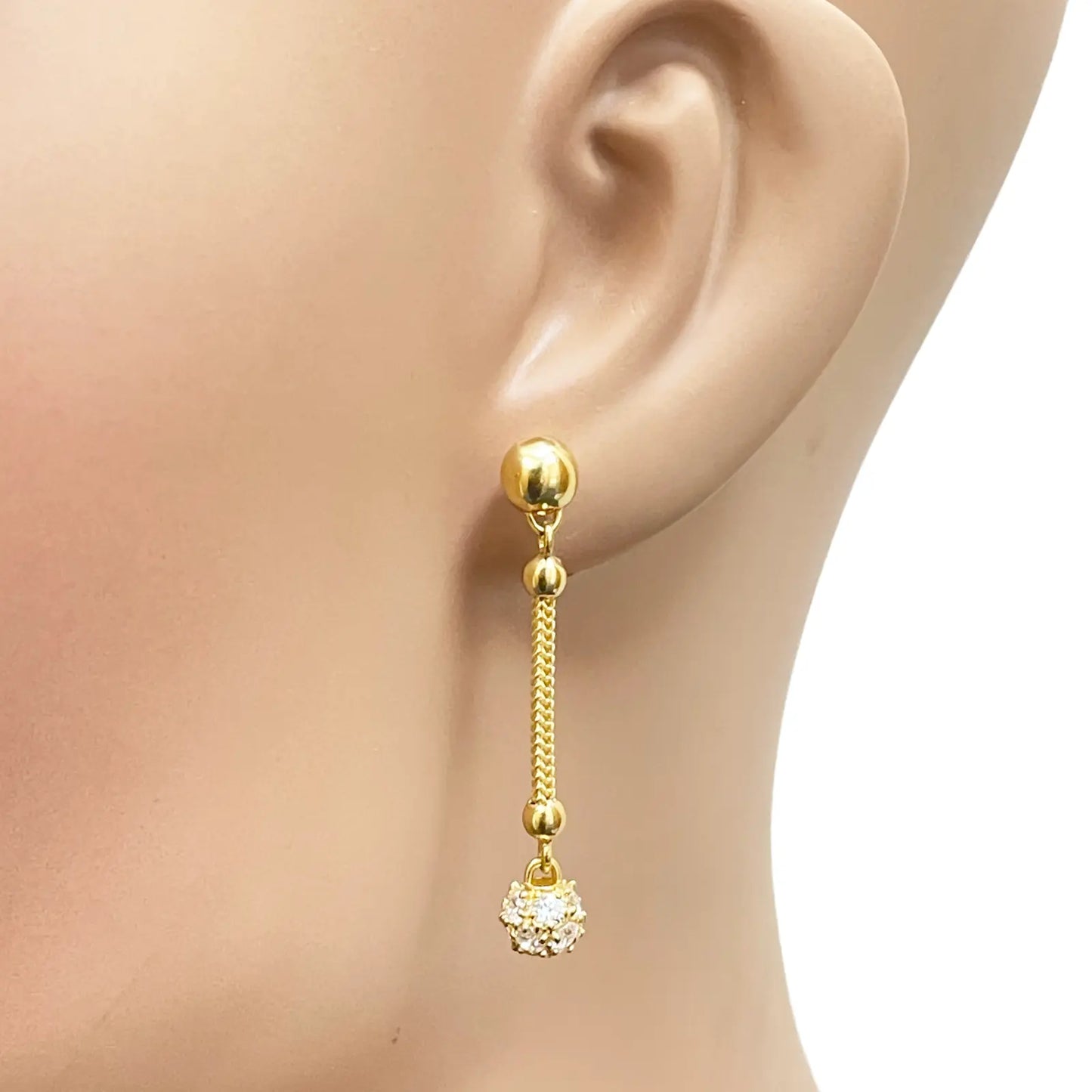 22ct Gold Drop Earrings Cubic Zirconia Glitter Ball Dragon Foxtail Chain Link 1.5 Inches 