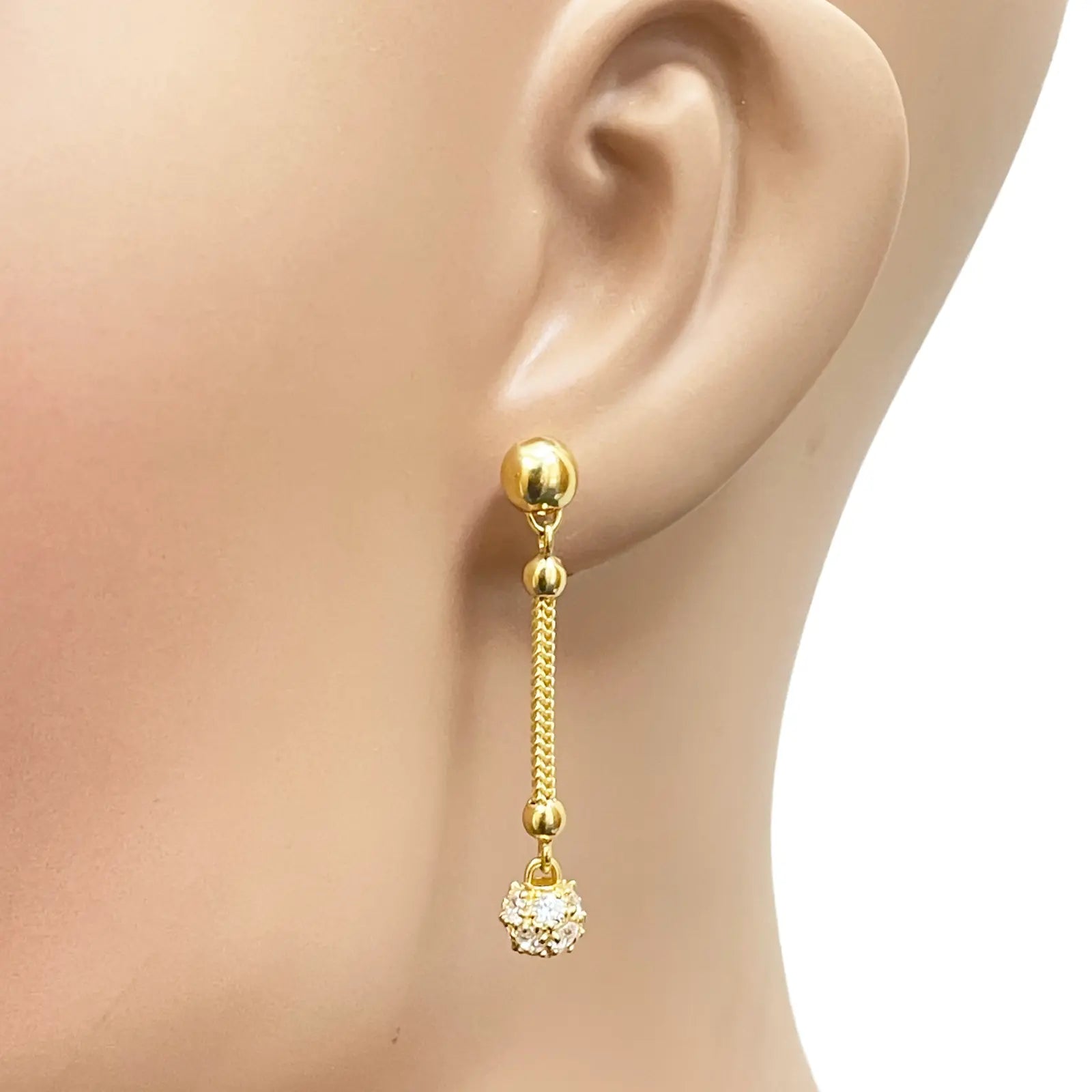 22ct Gold Drop Earrings Cubic Zirconia Glitter Ball Dragon Foxtail Chain Link 1.5 Inches 