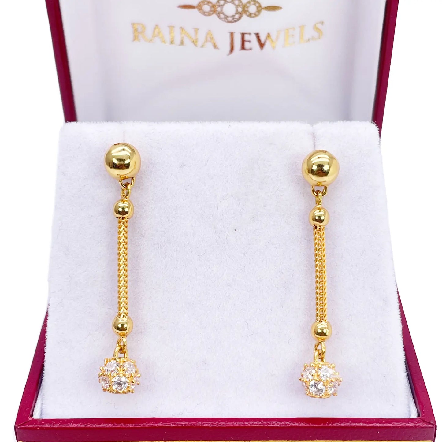 22ct Gold Drop Earrings Cubic Zirconia Glitter Ball Dragon Foxtail Chain Link 1.5 Inches 