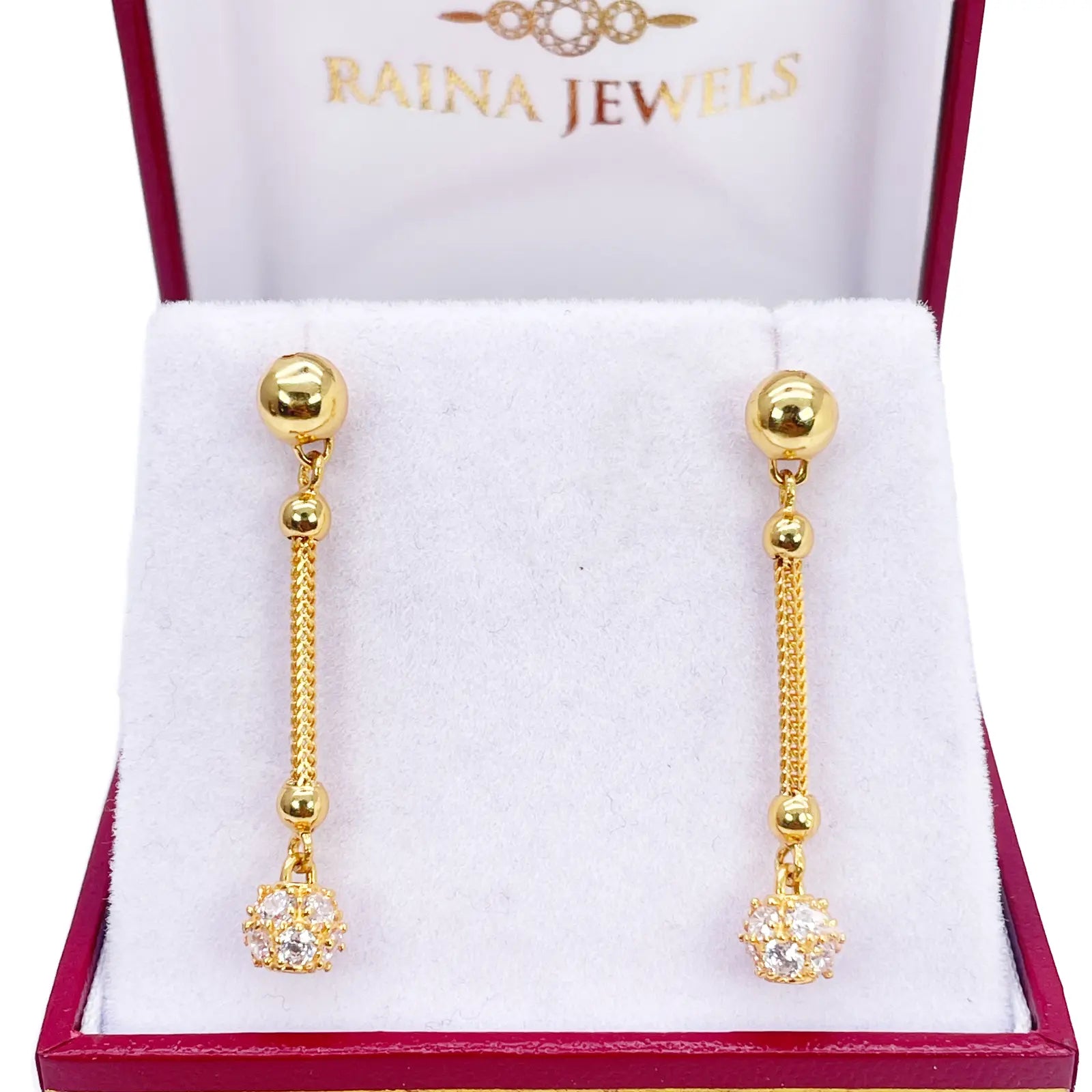 22ct Gold Drop Earrings Cubic Zirconia Glitter Ball Dragon Foxtail Chain Link 1.5 Inches 