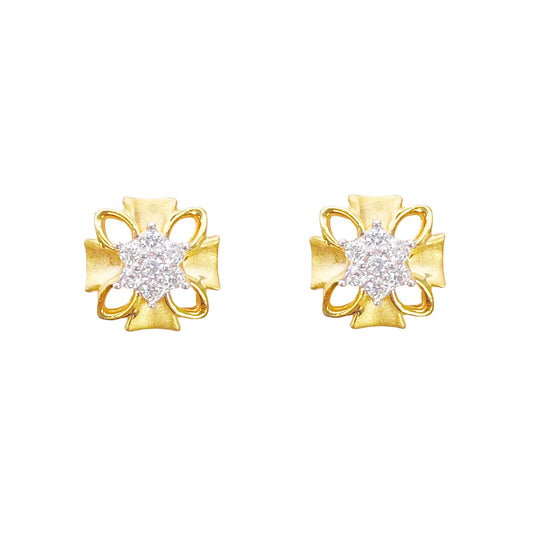 22ct Gold Floral Cubic Zirconia Stud High Polished Matt Earrings Sparkle Design 8.5x8.5mm 