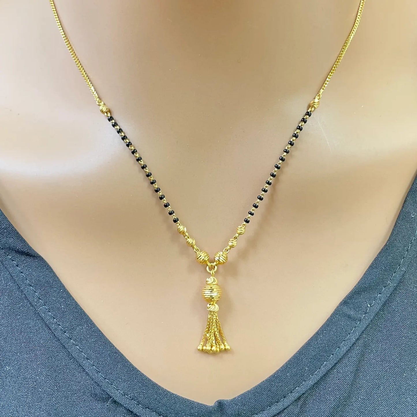 22ct Yellow Gold Diamond-Cut Textured Bead Tassel Drop Black Bead Mangalsutra Necklace  Gold Mangalsutra