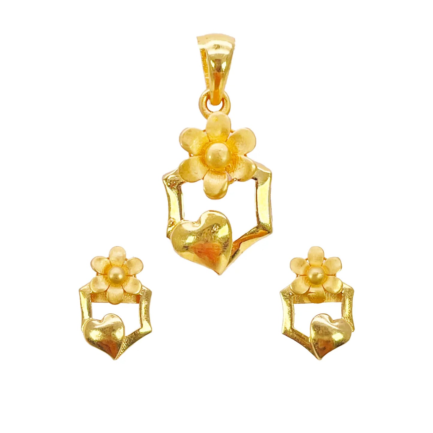 22ct Yellow Gold High Polished Floral Heart Cut Out Pendant Earring Set  Jewellery Set