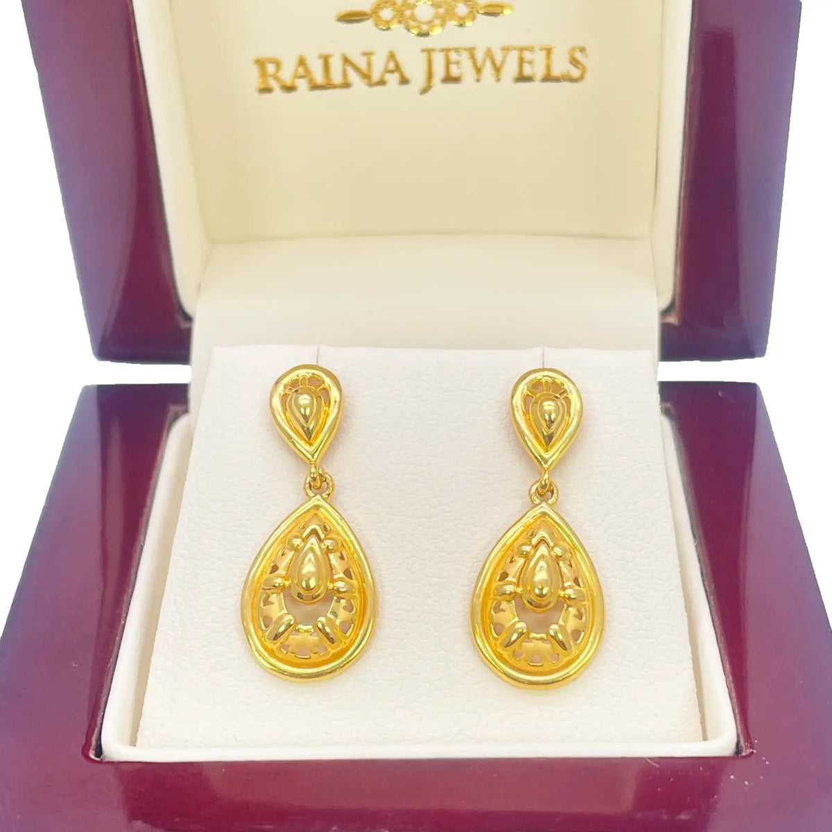 22ct Yellow Gold Matt & High Polished Elegant Drop Stud Earrings 