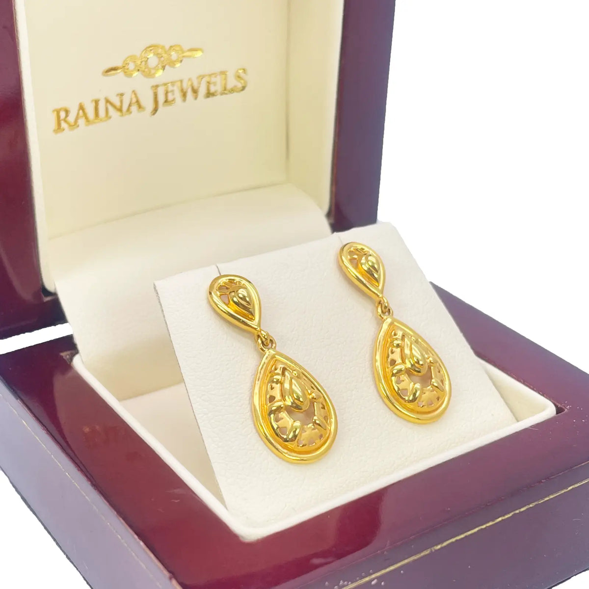 22ct Yellow Gold Matt & High Polished Elegant Drop Stud Earrings 