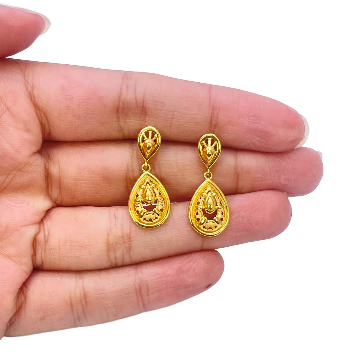 22ct Yellow Gold Matt & High Polished Elegant Drop Stud Earrings 