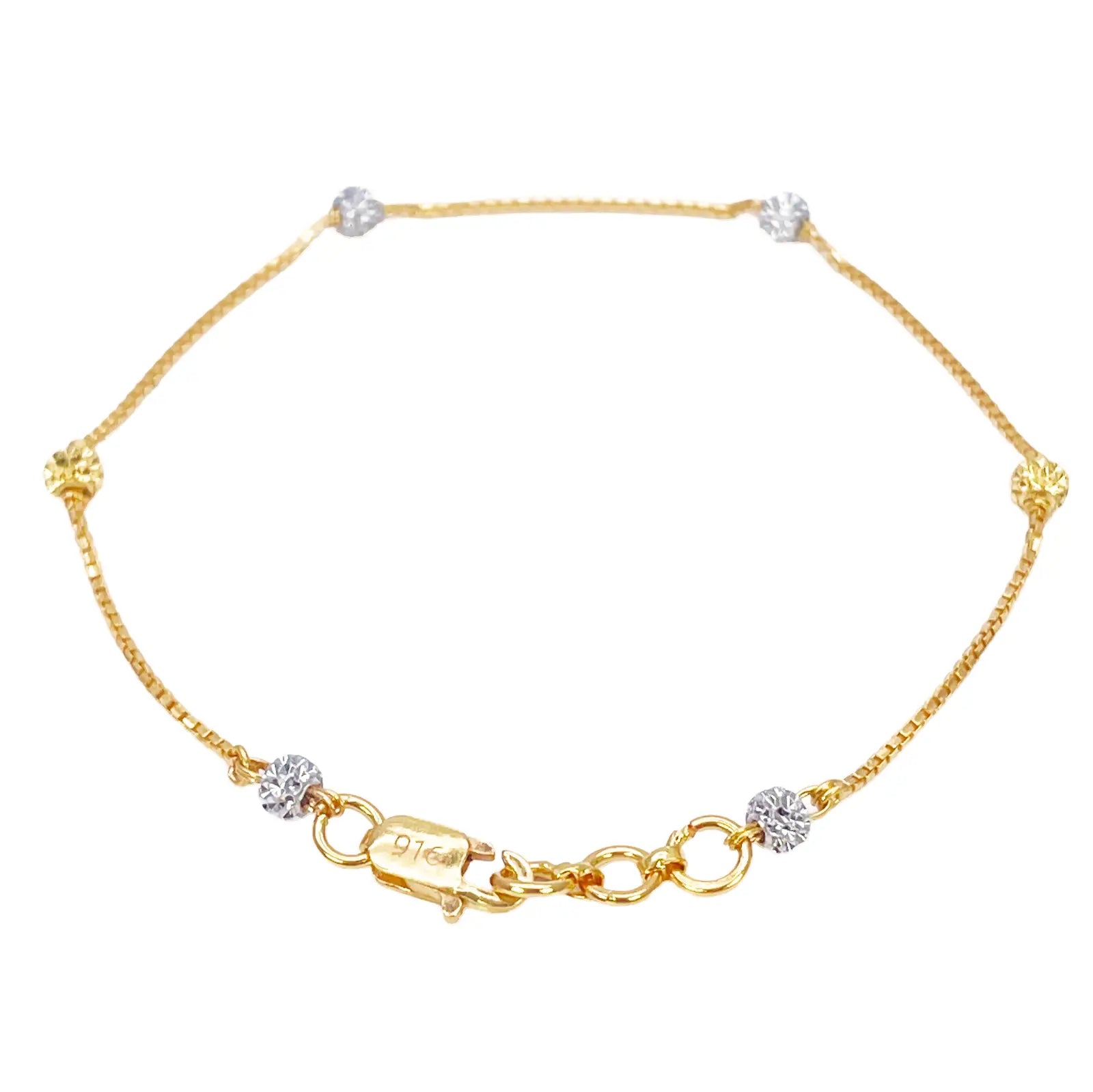 22ct Yellow Gold Six Beaded Two-Tone Diamond Cut Box Chain Bracelet 7 Inches 