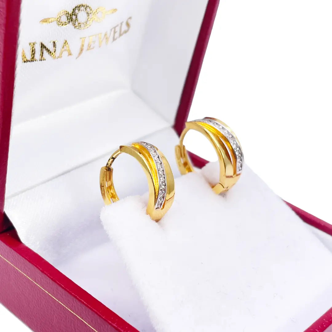 22ct Yellow Gold Striped Cubic Zirconia Hoop Huggie Earrings 10.5mm Diameter 