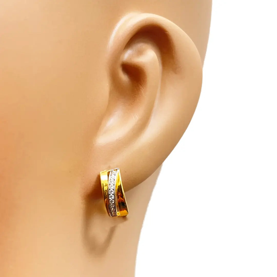22ct Yellow Gold Striped Cubic Zirconia Hoop Huggie Earrings 10.5mm Diameter 
