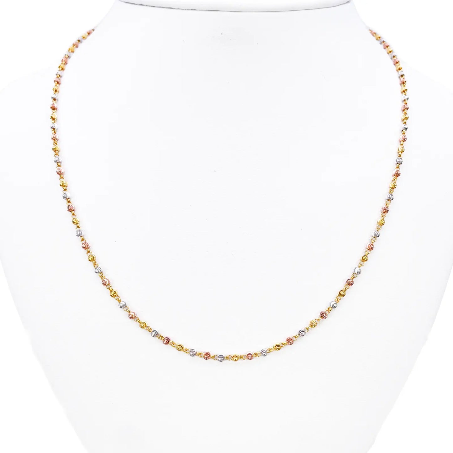 22ct Yellow Gold Tri-Colour Diamond Cut Ball Beaded Necklace 18 Inches 2.3 Width 