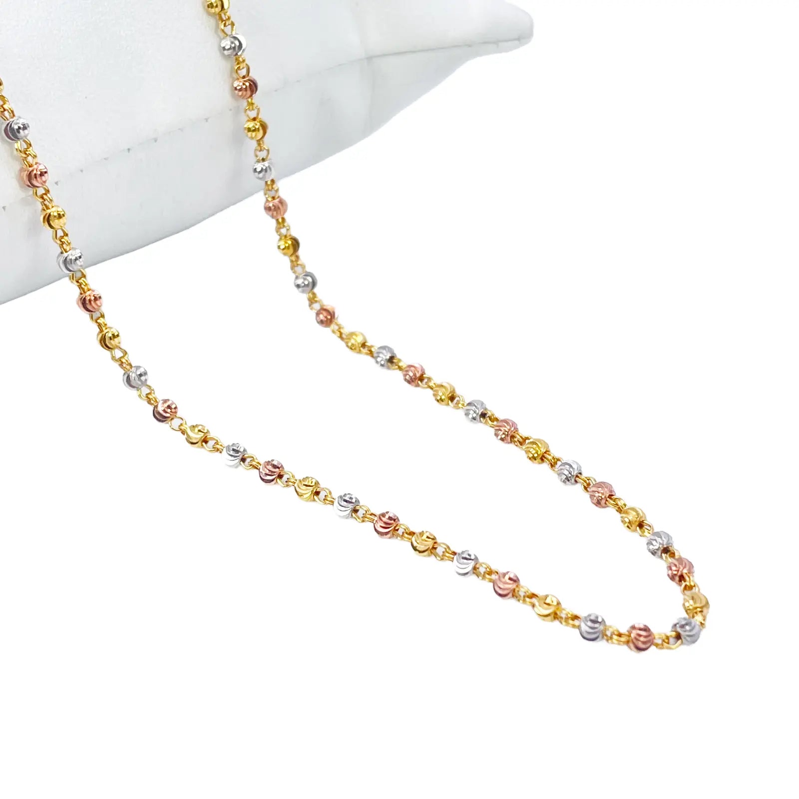 22ct Yellow Gold Tri-Colour Diamond Cut Ball Beaded Necklace 18 Inches 2.3 Width 