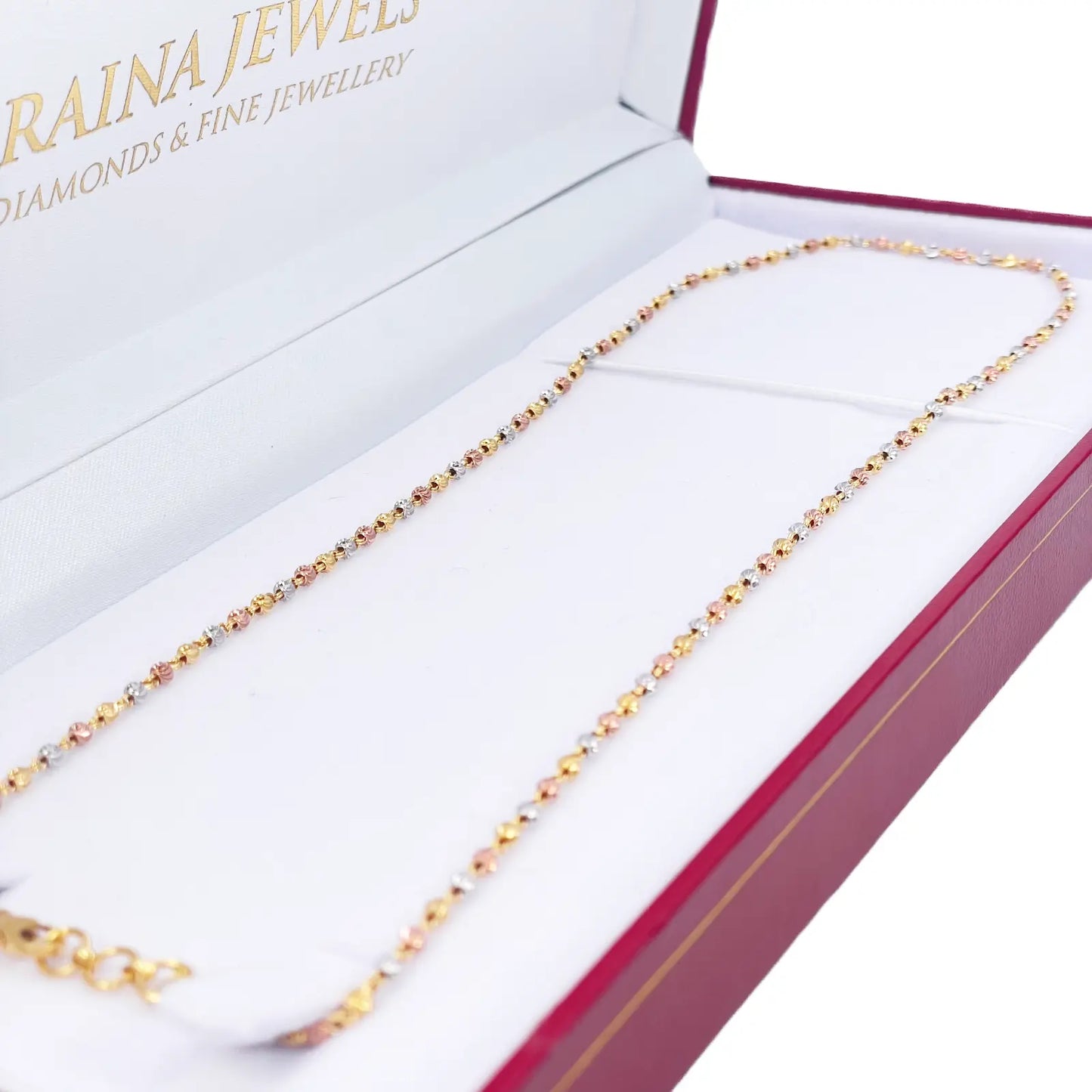 22ct Yellow Gold Tri-Colour Diamond Cut Ball Beaded Necklace 18 Inches 2.3 Width 