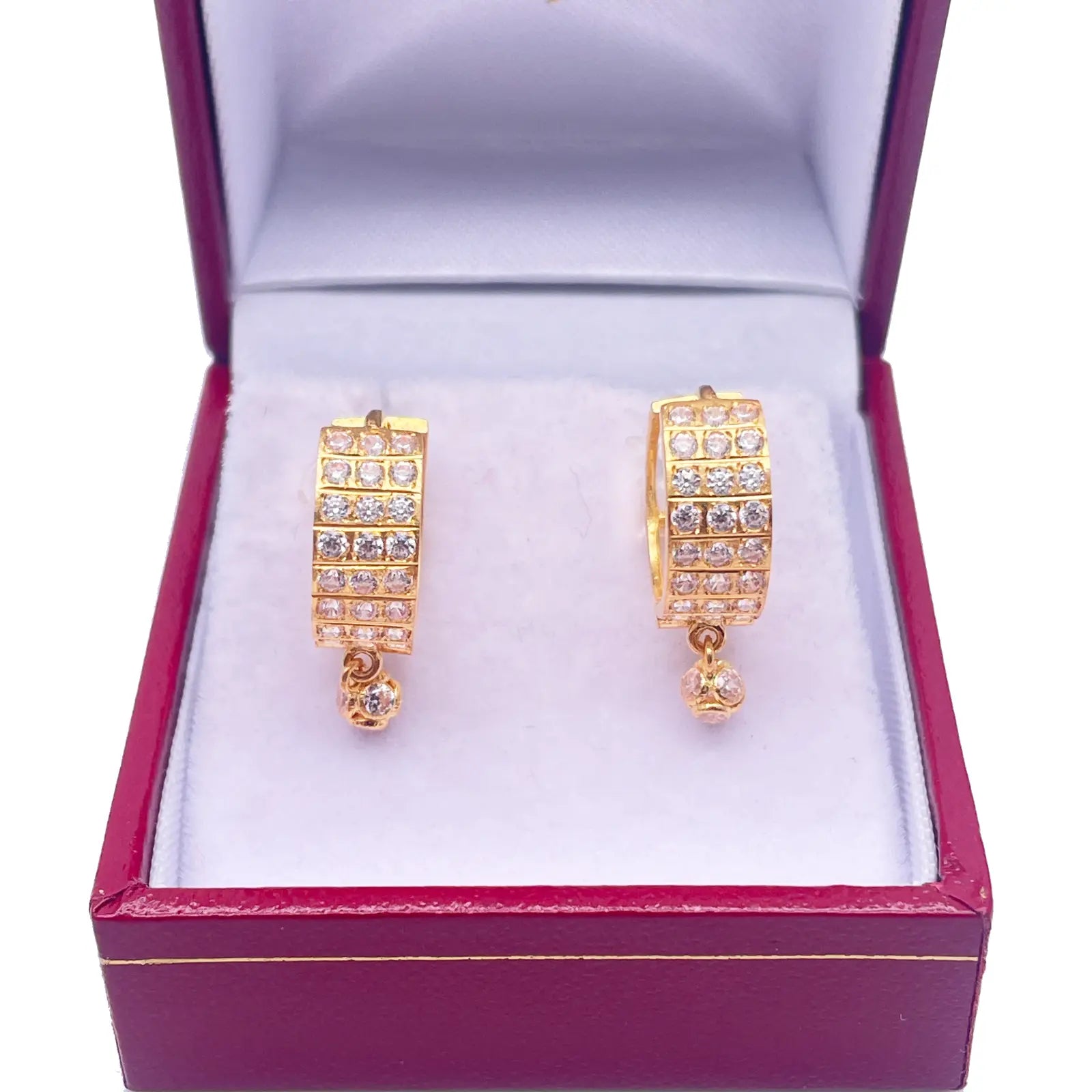 22ct Yellow Gold Triple Row Cubic Zirconia Drop Ball Hoop Huggies Earrings 