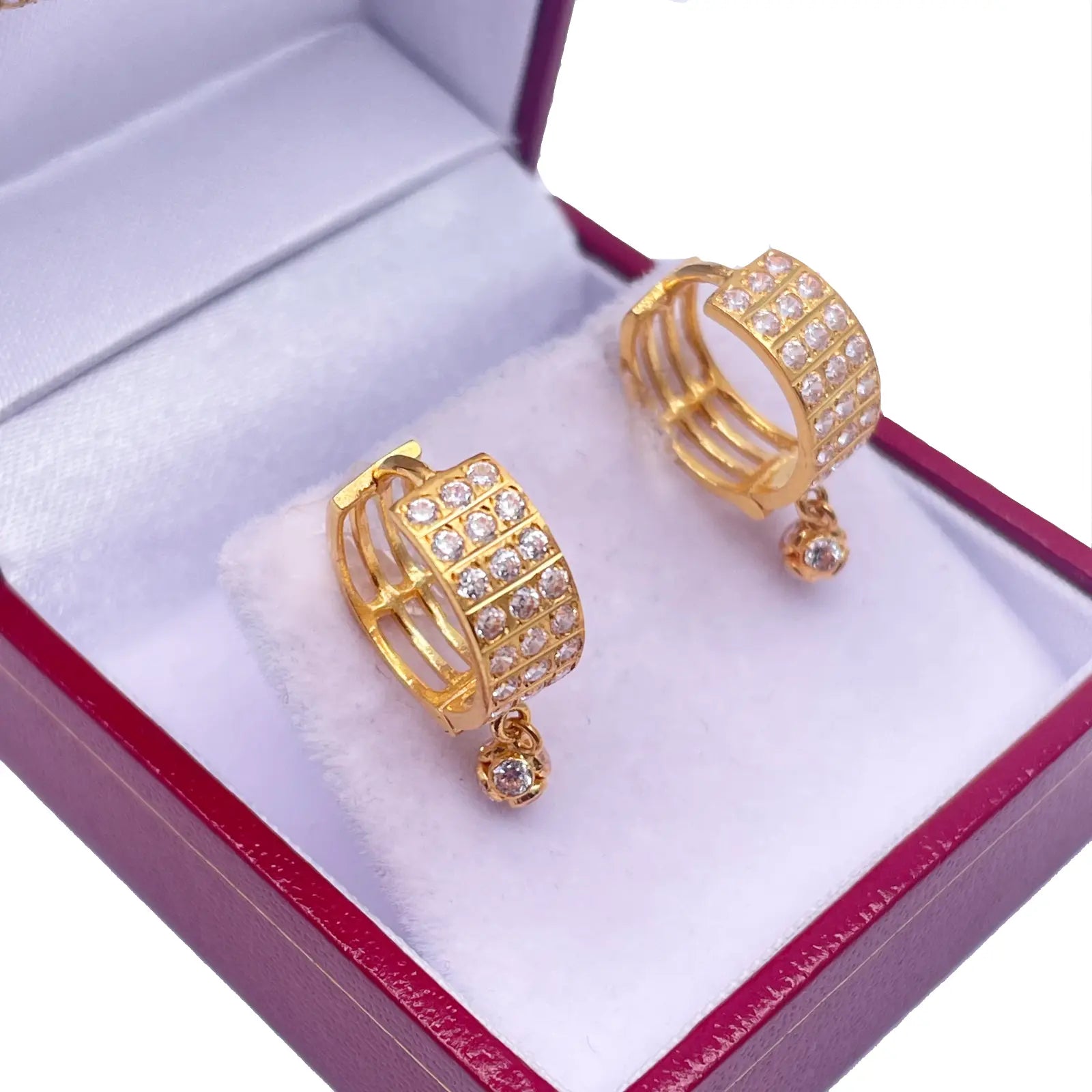 22ct Yellow Gold Triple Row Cubic Zirconia Drop Ball Hoop Huggies Earrings 