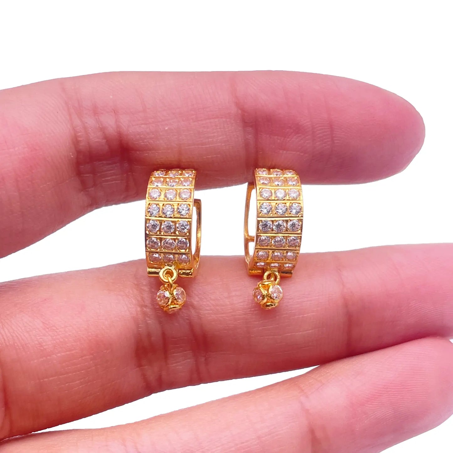 22ct Yellow Gold Triple Row Cubic Zirconia Drop Ball Hoop Huggies Earrings 