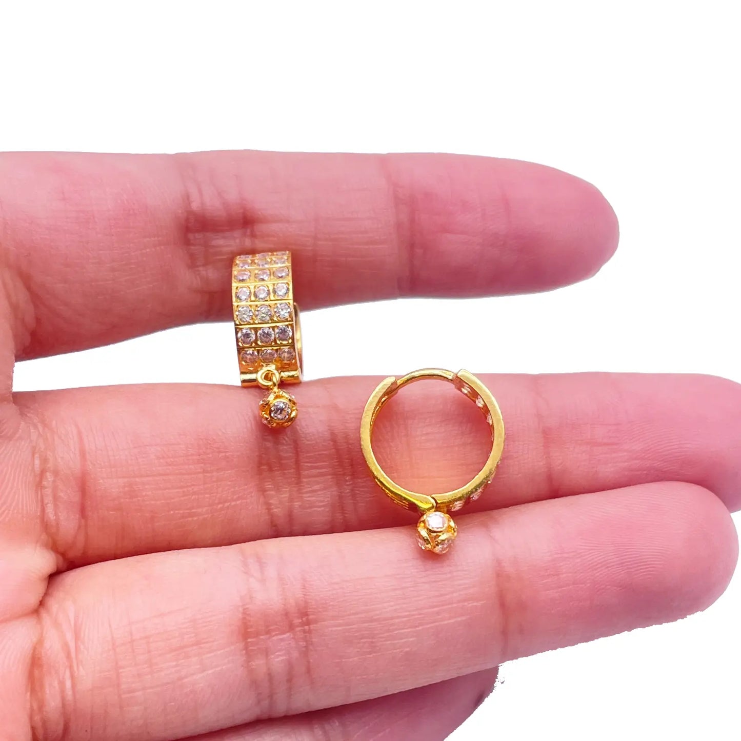 22ct Yellow Gold Triple Row Cubic Zirconia Drop Ball Hoop Huggies Earrings 