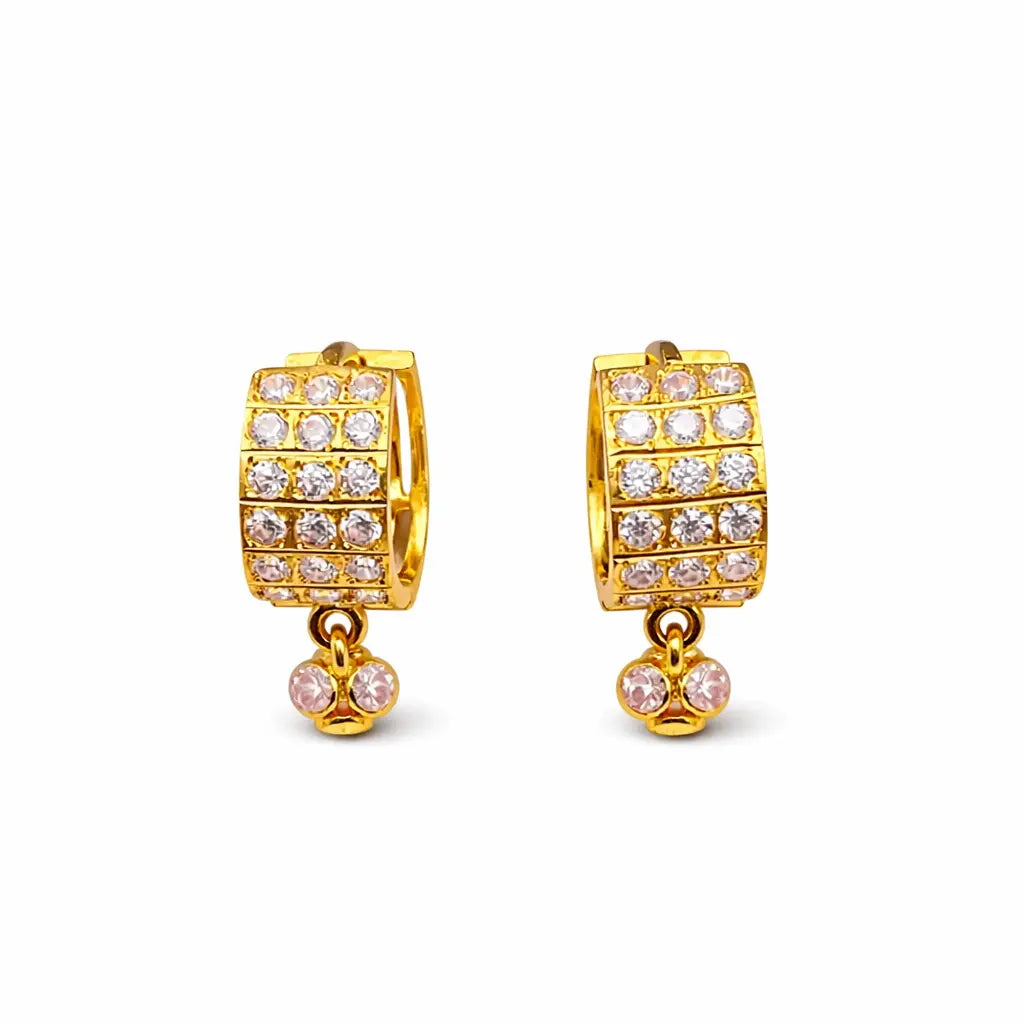 22ct Yellow Gold Triple Row Cubic Zirconia Drop Ball Hoop Huggies Earrings  Gold earring