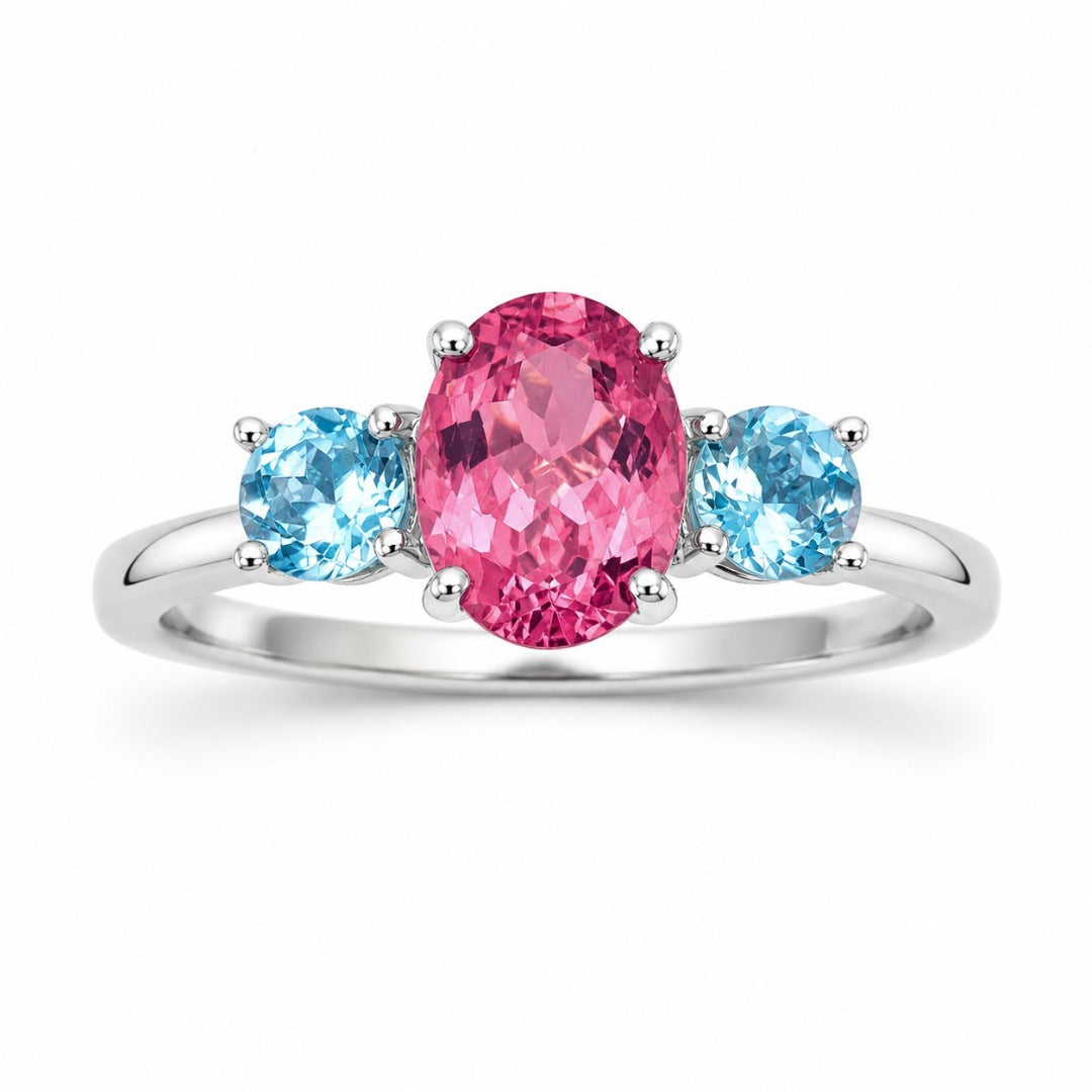18ct White Gold Pink Tourmaline & Aquamarine Trilogy Ring 1.60ct