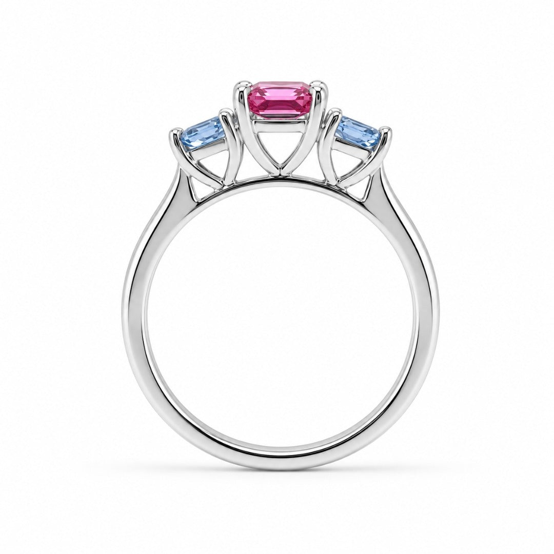 18ct White Gold Pink Tourmaline & Aquamarine Trilogy Ring 1.60ct