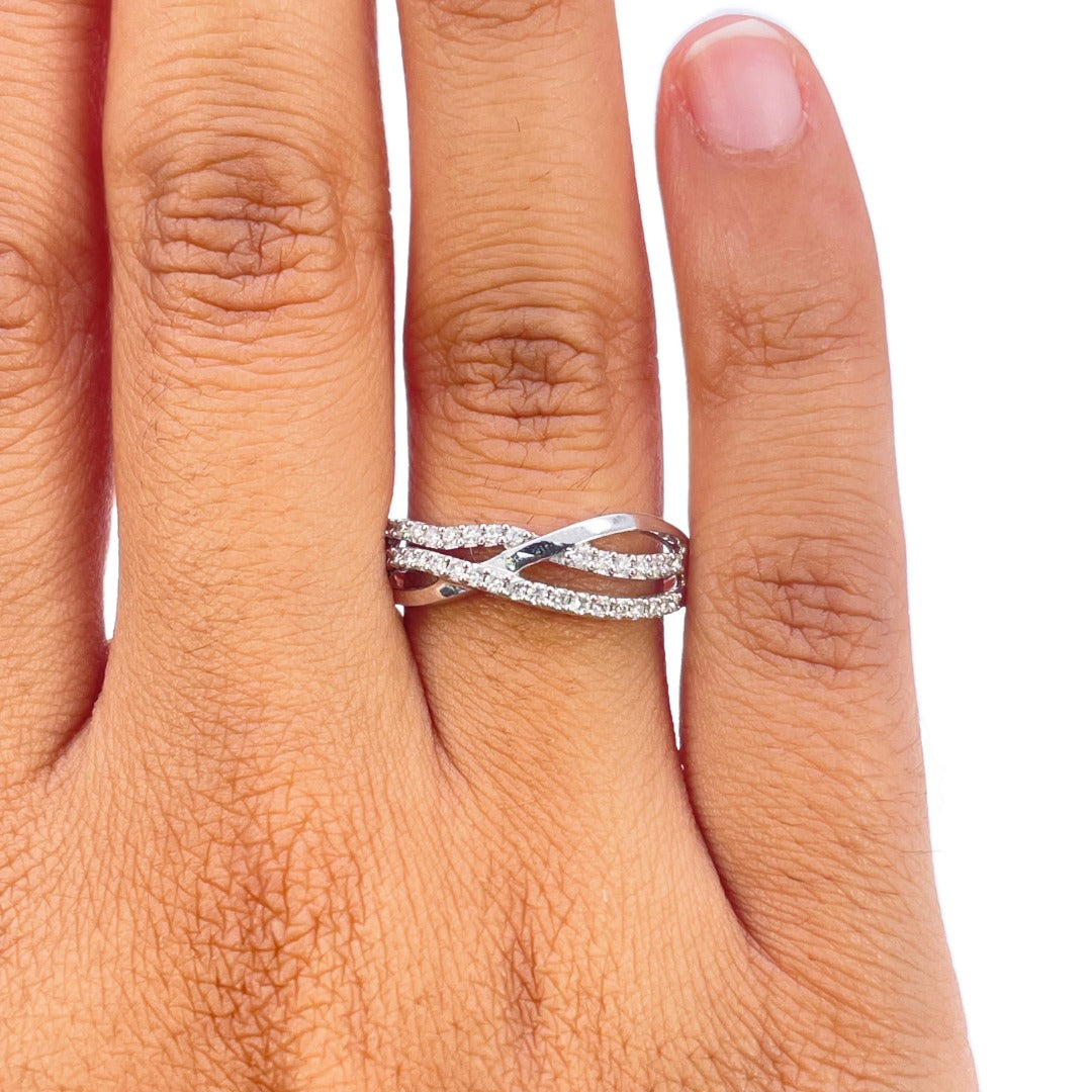 14ct White Gold Natural Diamond Pave Double Row Crossover Band Ring 0.21ct