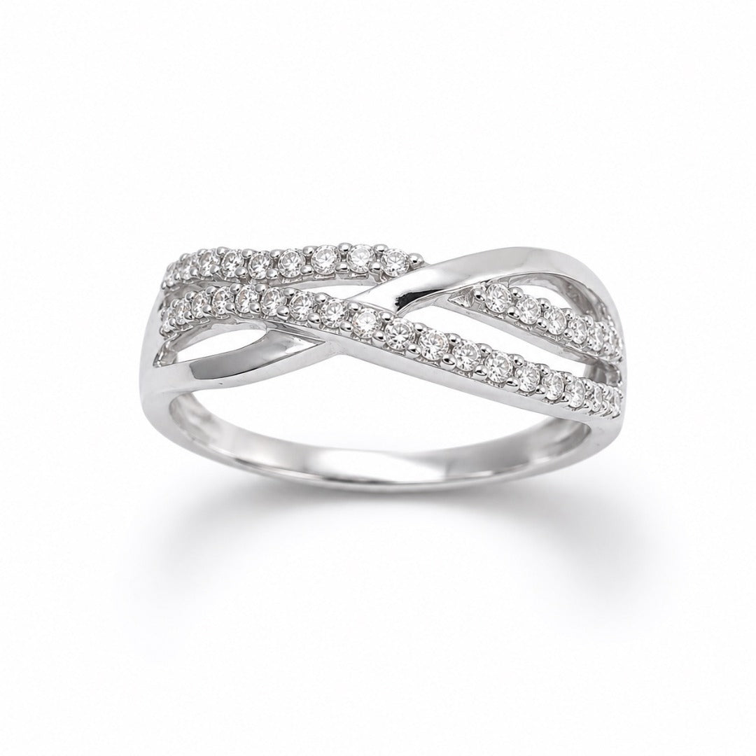 14ct White Gold Natural Diamond Pave Double Row Crossover Band Ring 0.21ct