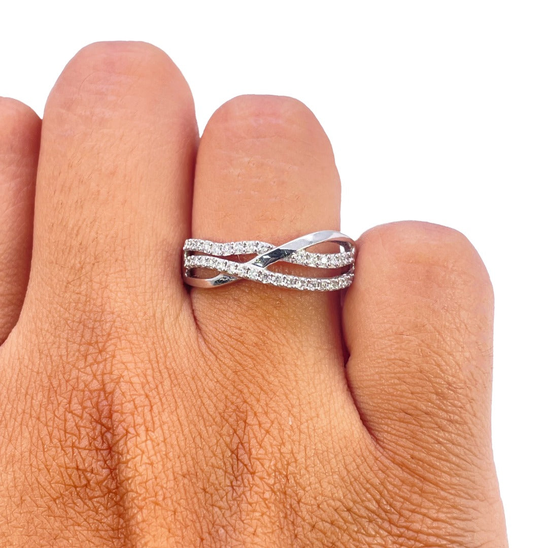 14ct White Gold Natural Diamond Pave Double Row Crossover Band Ring 0.21ct