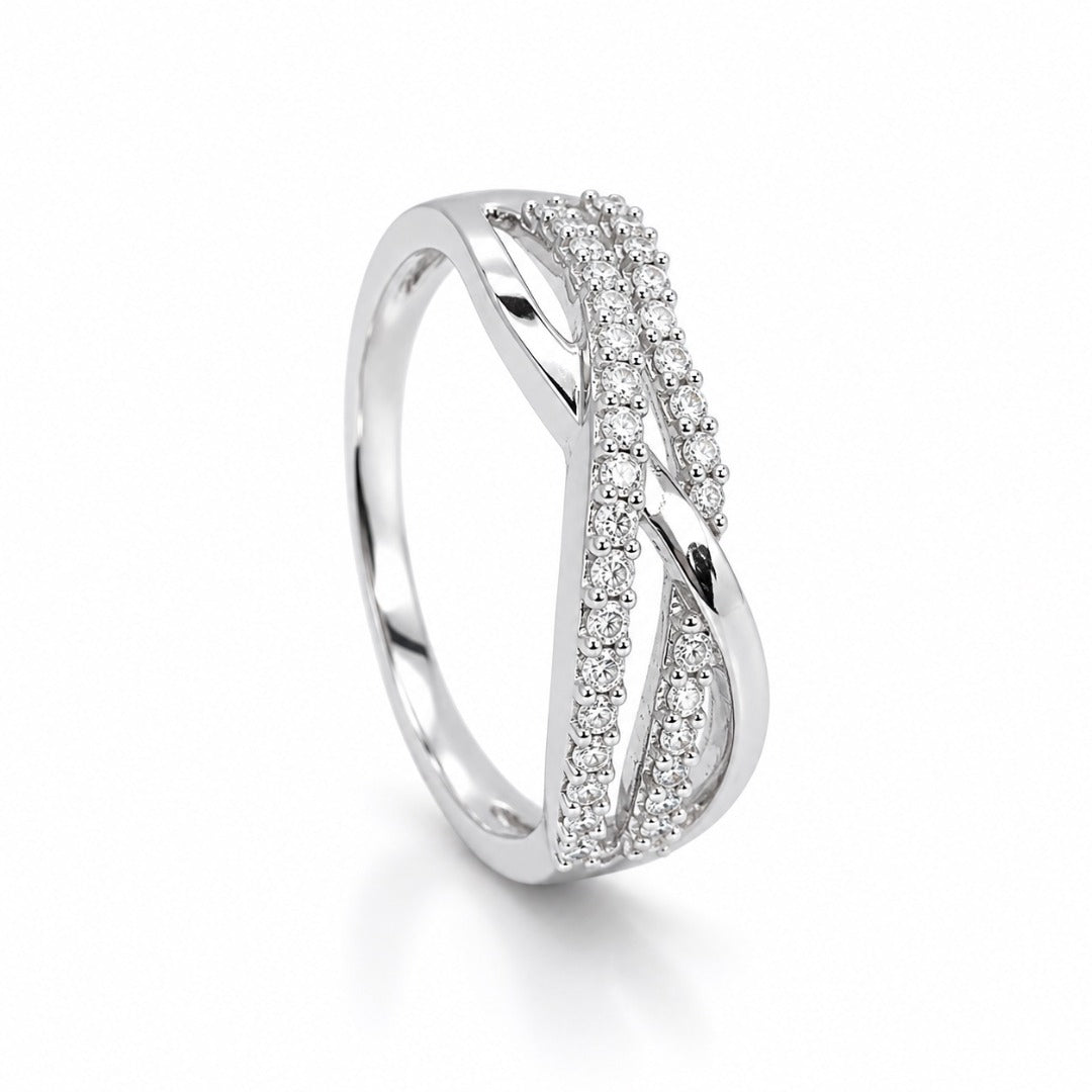 14ct White Gold Natural Diamond Pave Double Row Crossover Band Ring 0.21ct