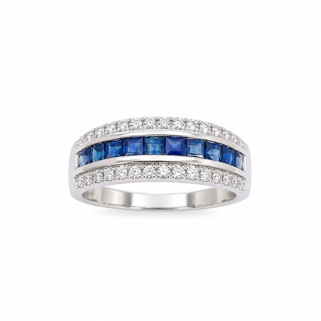 9ct White Gold Princess Sapphire & Diamond Half Eternity Ring 0.98ct