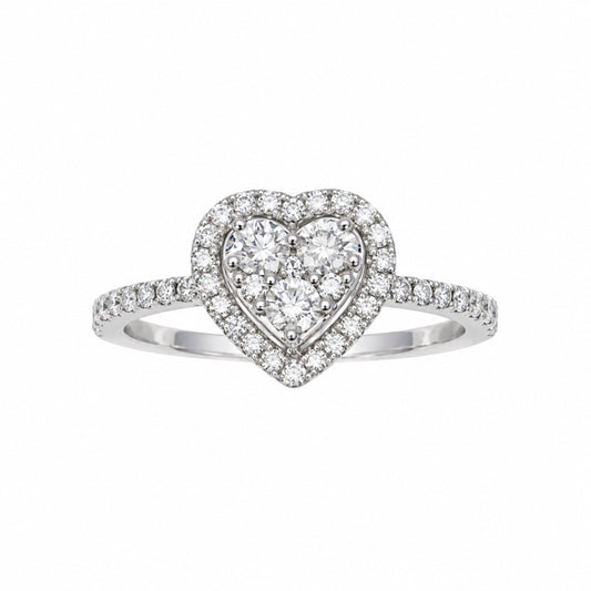 18ct white gold natural diamond heart halo cluster ring with diamond shoulders, 0.52ct