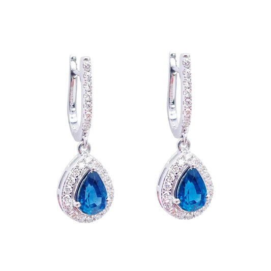 18ct White Gold Diamond & Blue Sapphire Pear Halo Teardrop Hoop Earrings 1.89ct¬† Diamond Earrings