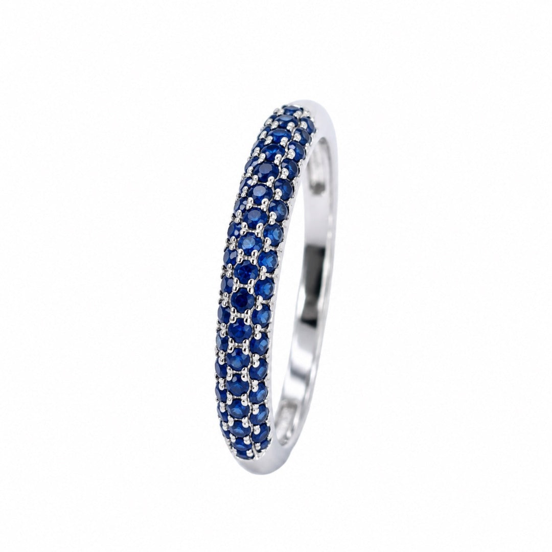 14ct White Gold Blue Sapphire 3 Row Dome Shaped Pave Set Ring 0.40ct