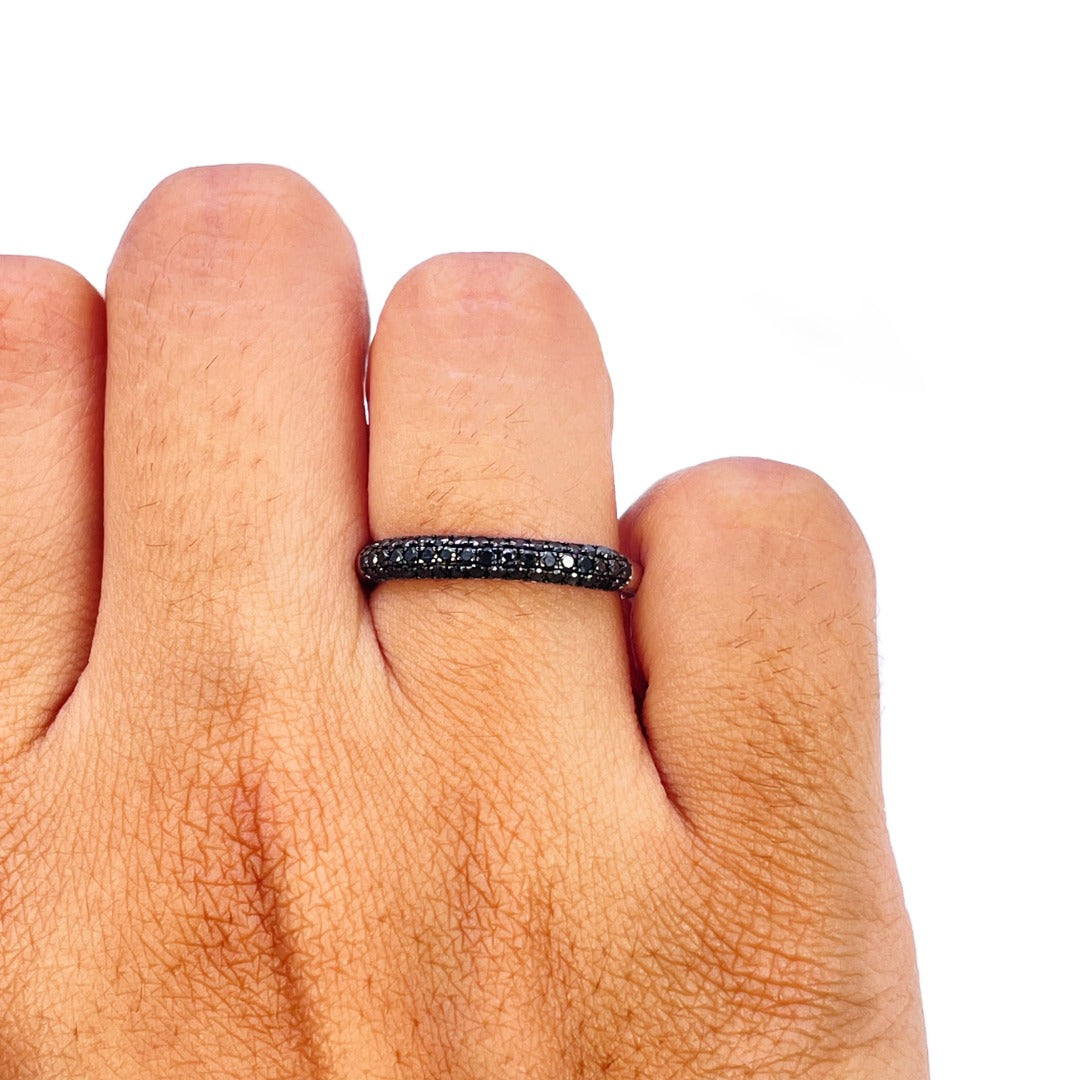 14ct White Gold Black Diamond Dome Pave Ring 3 Row 0.37ct
