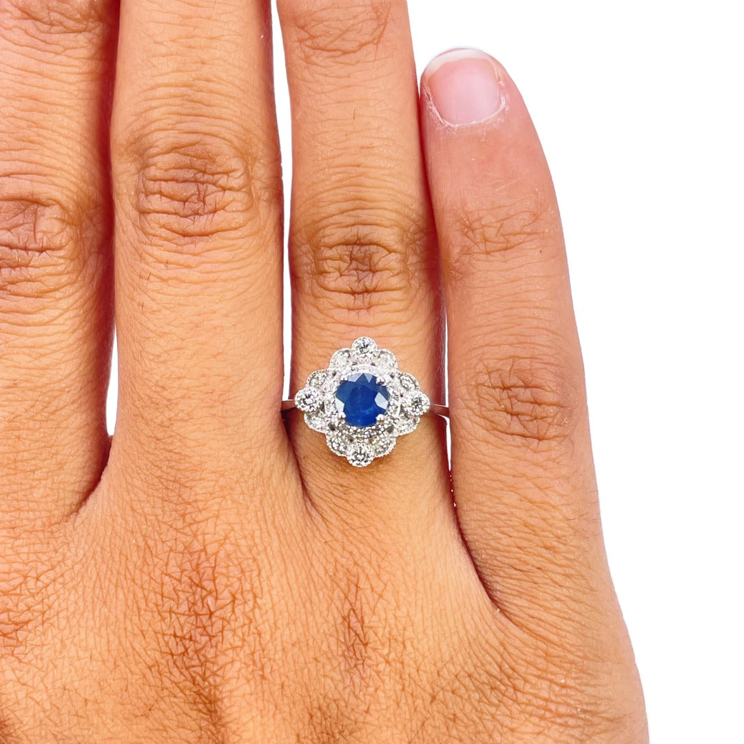 14ct White Gold Natural Sapphire & Diamond Vintage-Style Halo Ring 0.82ct