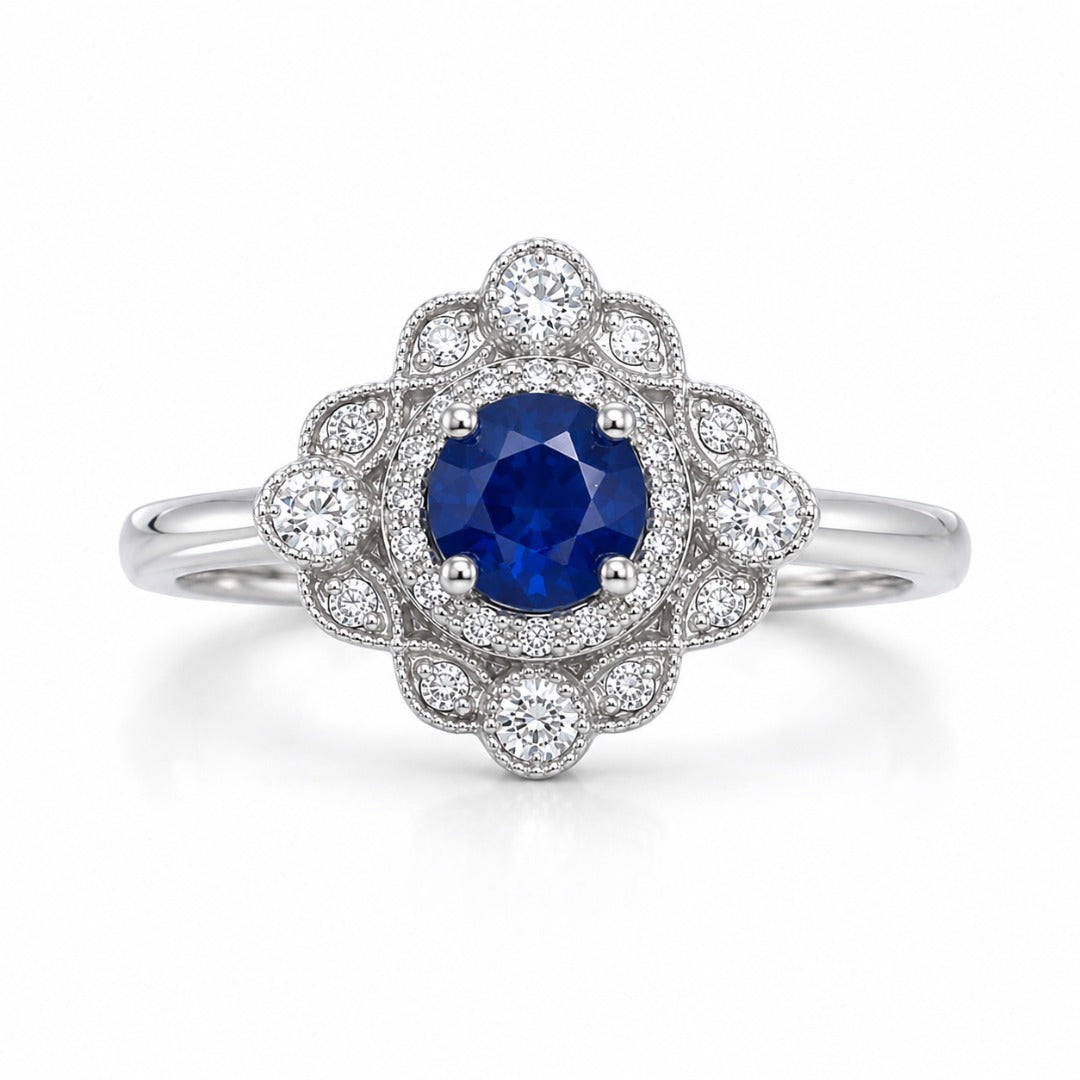 14ct White Gold Natural Sapphire & Diamond Vintage-Style Halo Ring 0.82ct