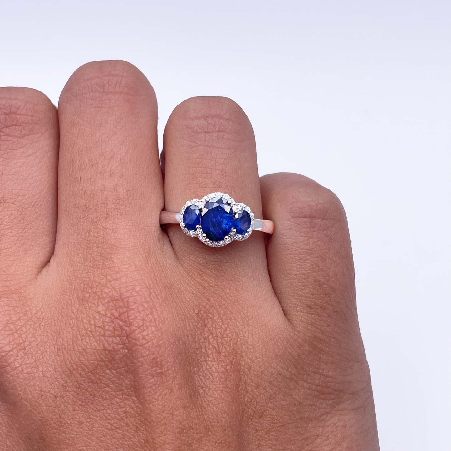 18ct White Gold Sapphire & Diamond Trilogy Halo Ring Oval 1.76ct