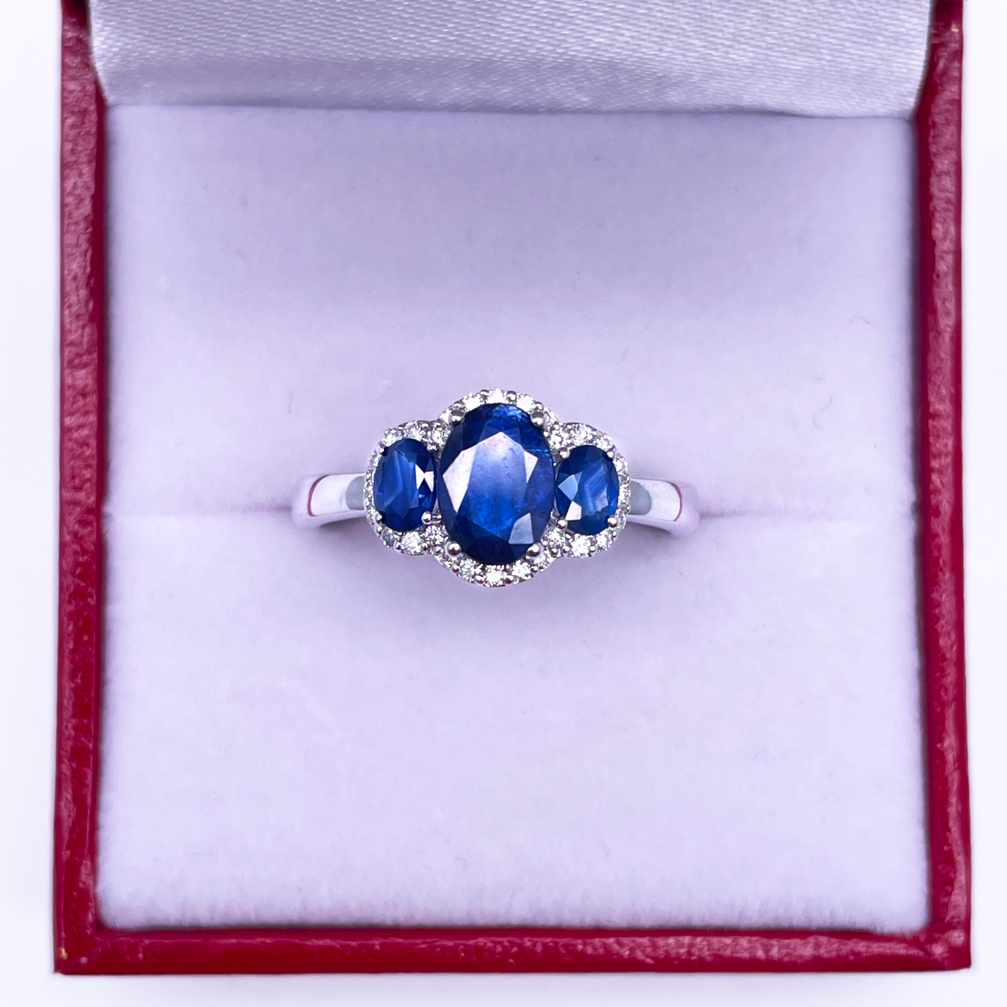 18ct White Gold Sapphire & Diamond Trilogy Halo Ring Oval 1.76ct
