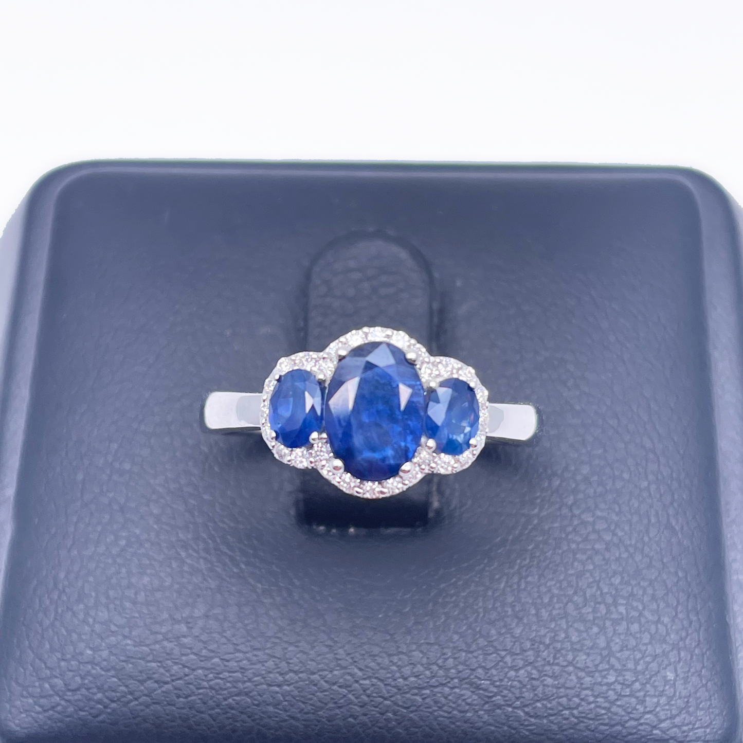 18ct White Gold Sapphire & Diamond Trilogy Halo Ring Oval 1.76ct