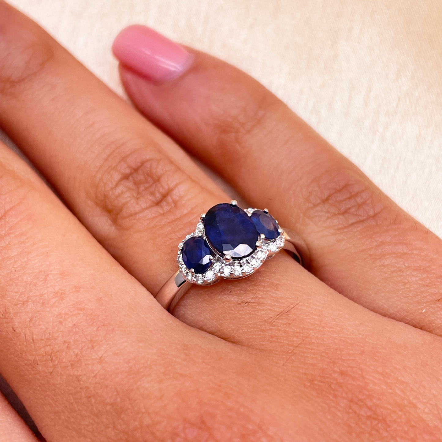 18ct White Gold Sapphire & Diamond Trilogy Halo Ring Oval 1.76ct