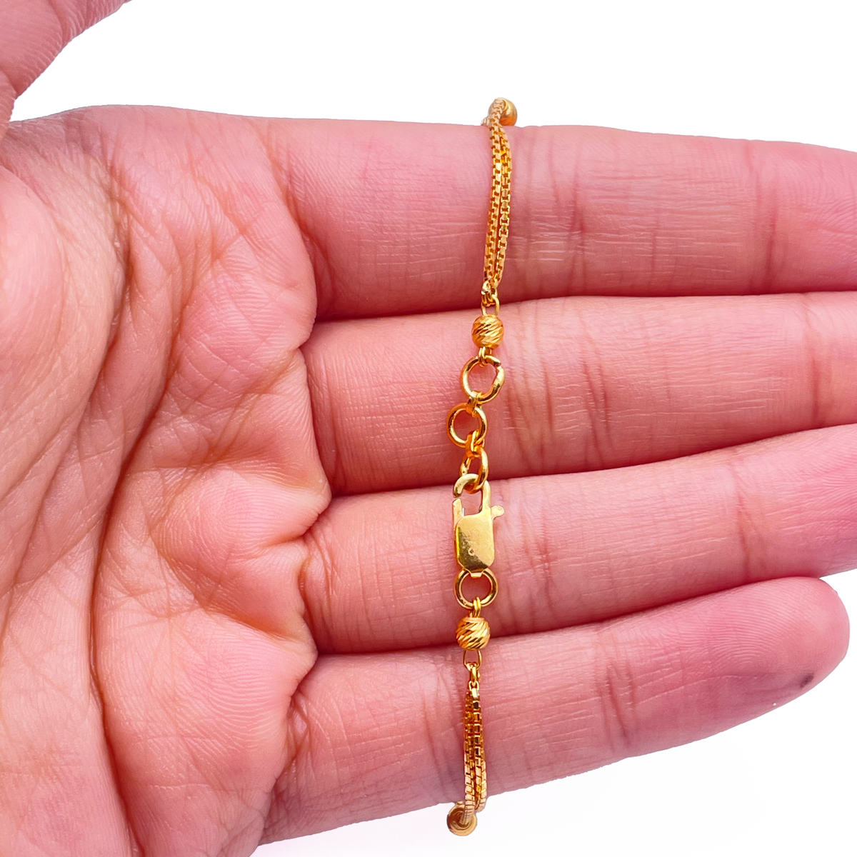 22kt Geelgoud Dubbel Laags Ketting Met Diamantgeslepen Kralen Armband